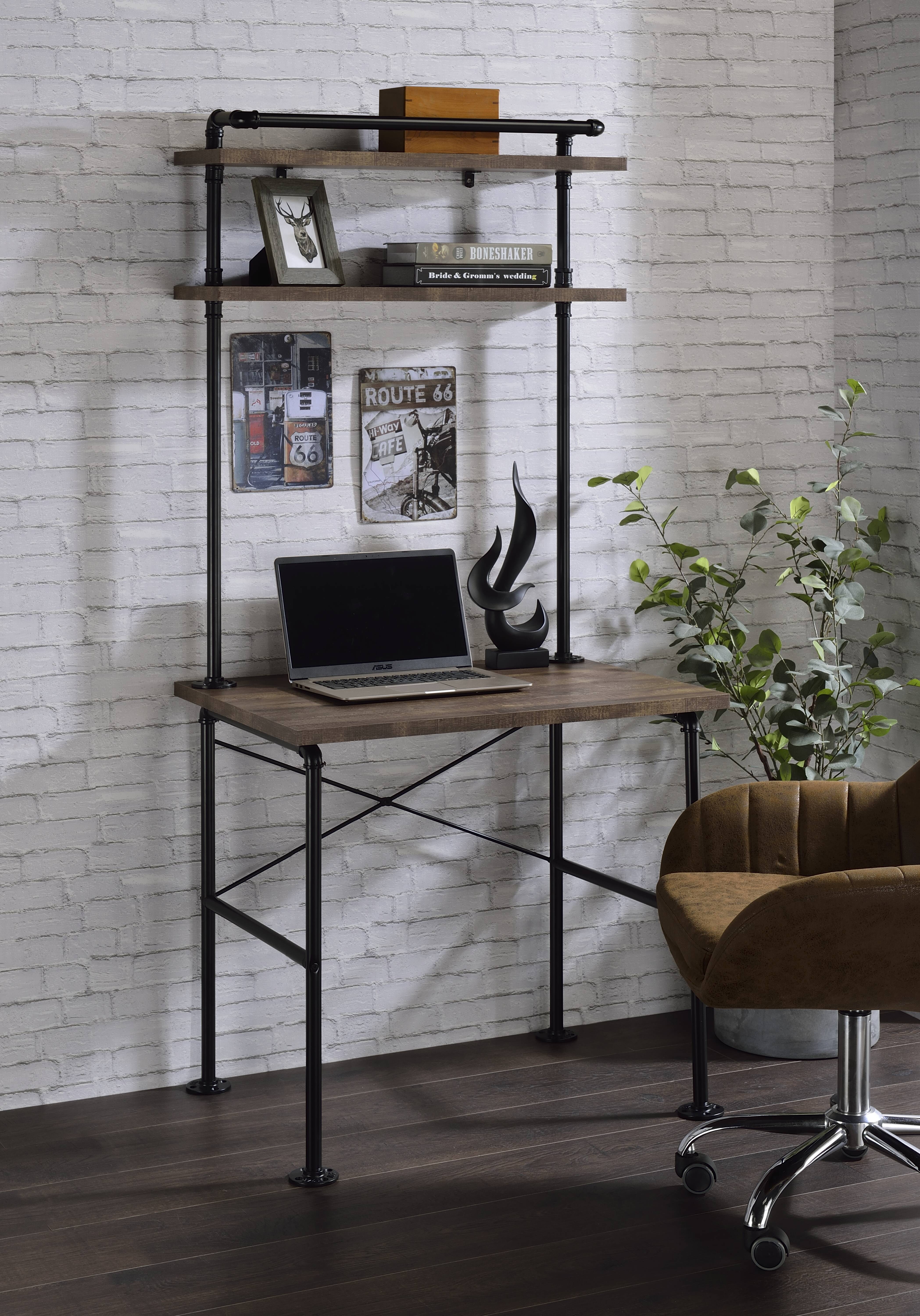 Rustic Oak and Black 2-Shelf Writing Desk