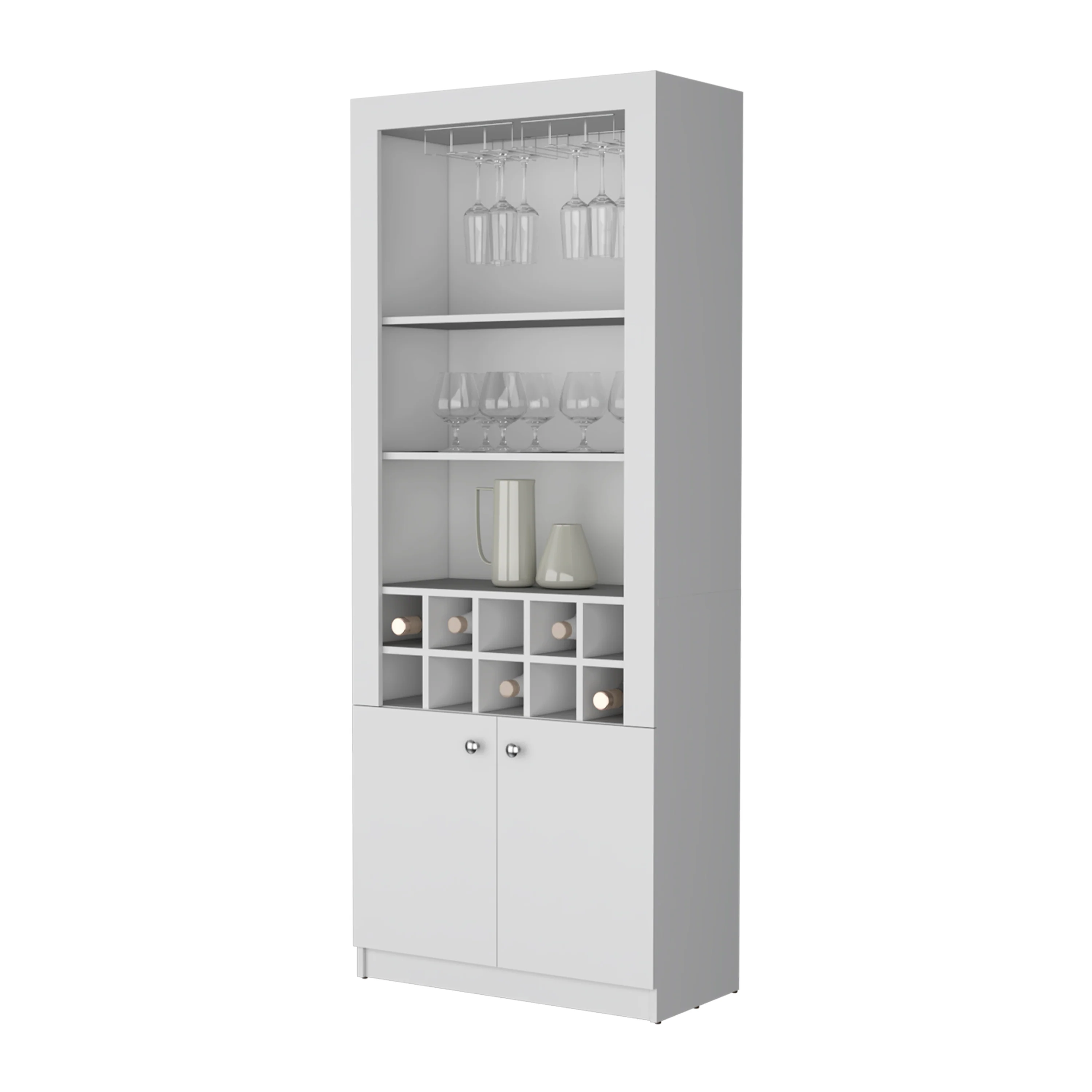 White Bar Cabinet with Wine Storage and Three Shelves