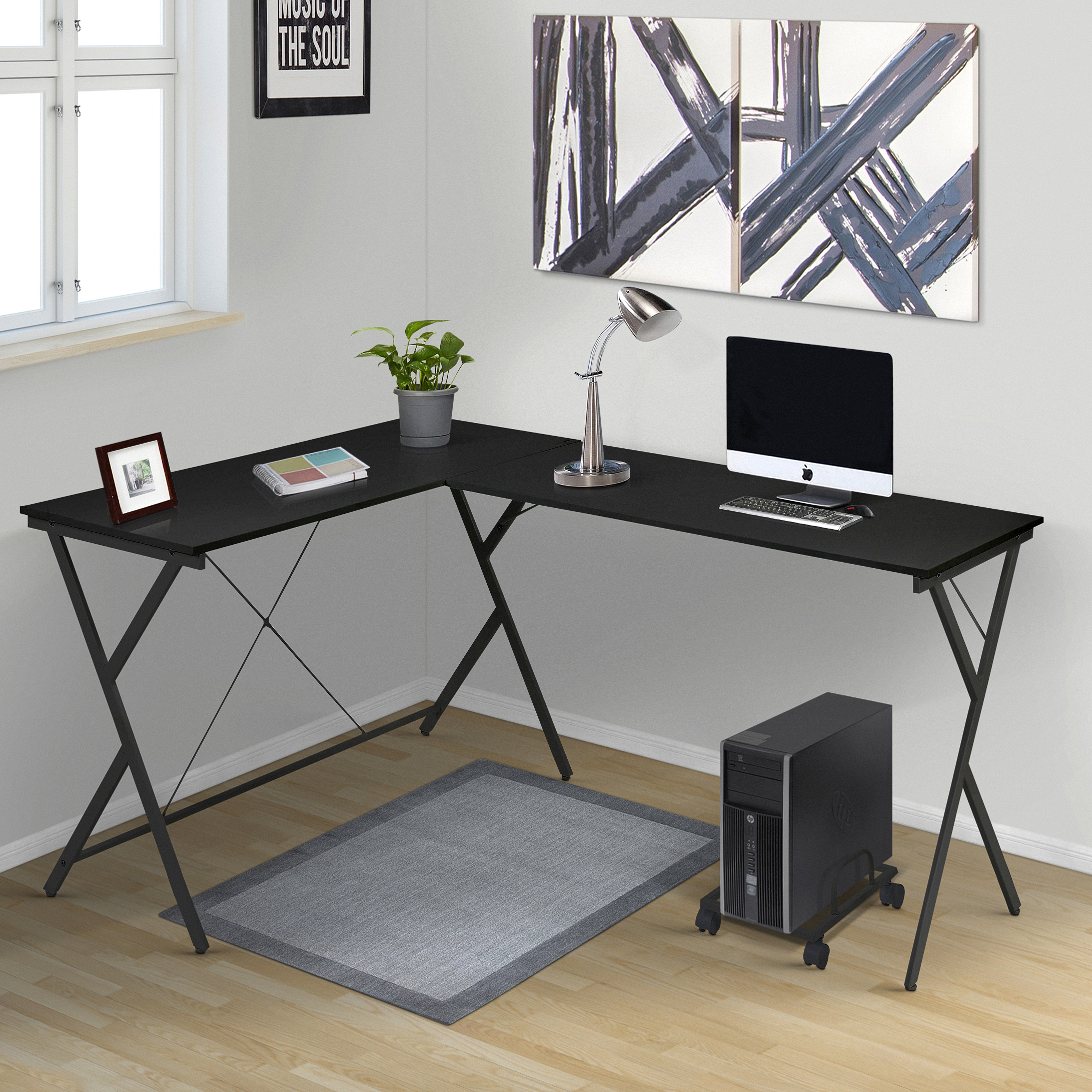 Black L-shaped Computer Desk with CPU Holder