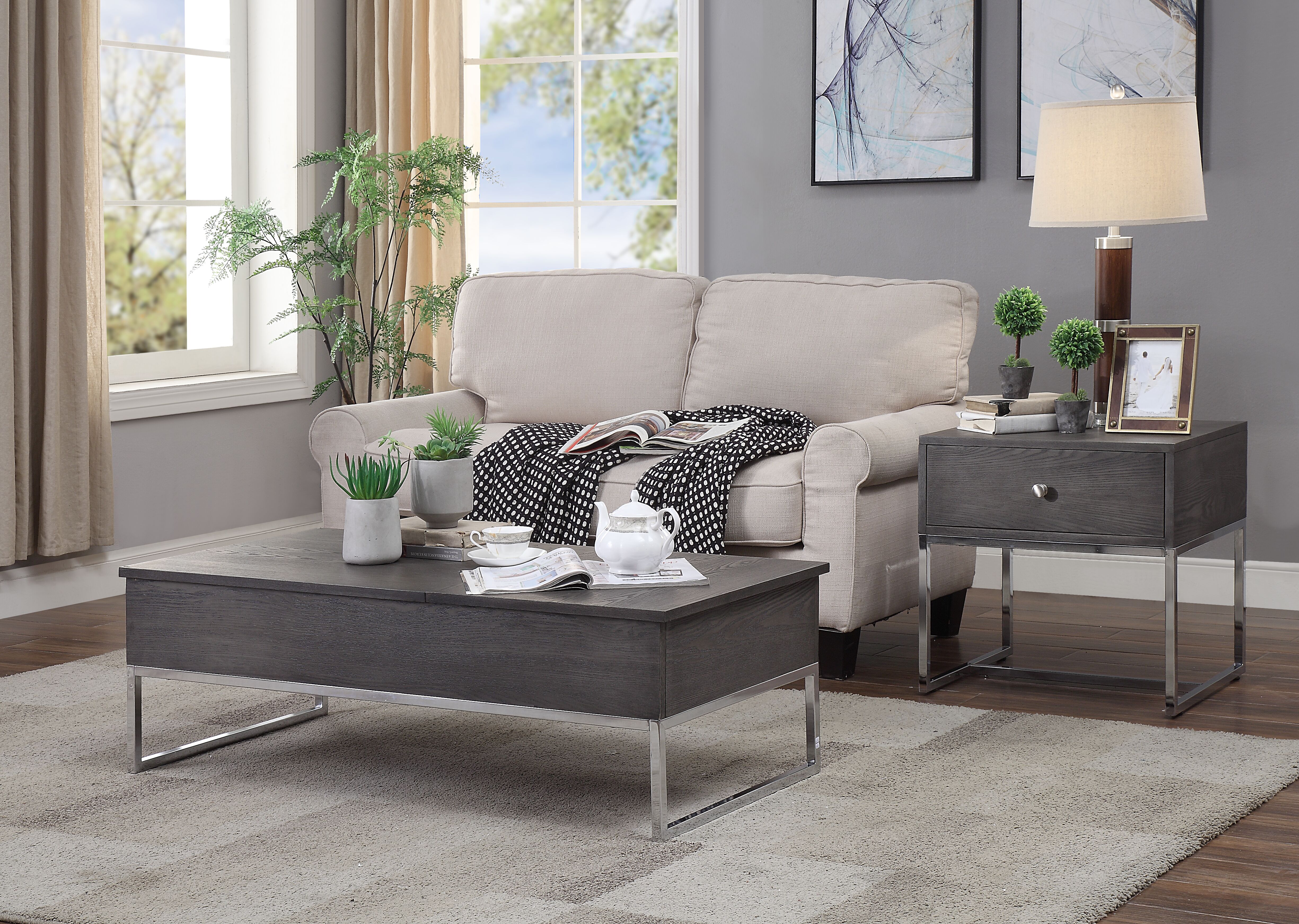 Grey Oak and Chrome Coffee Table with Lift Top