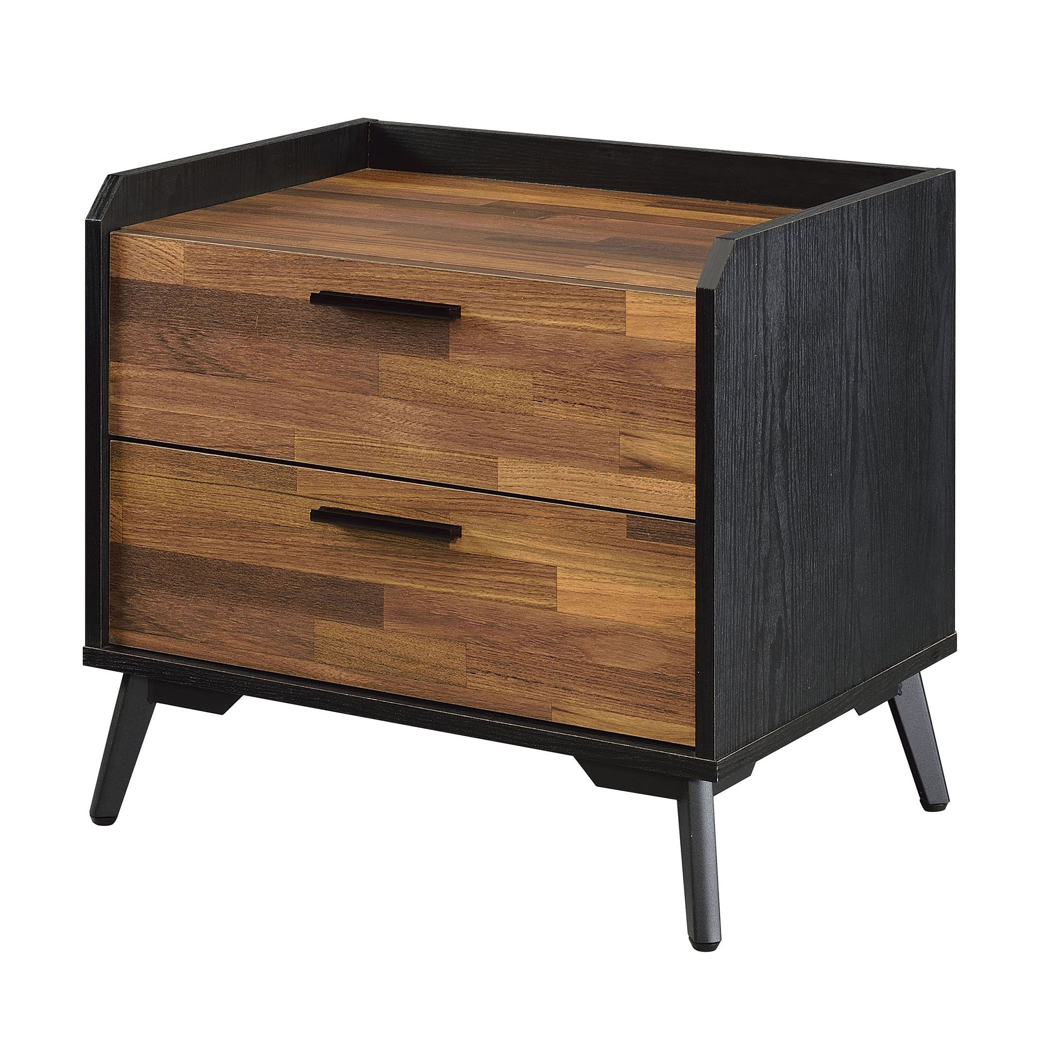 Walnut and Black Nightstand with Metal Sled Base