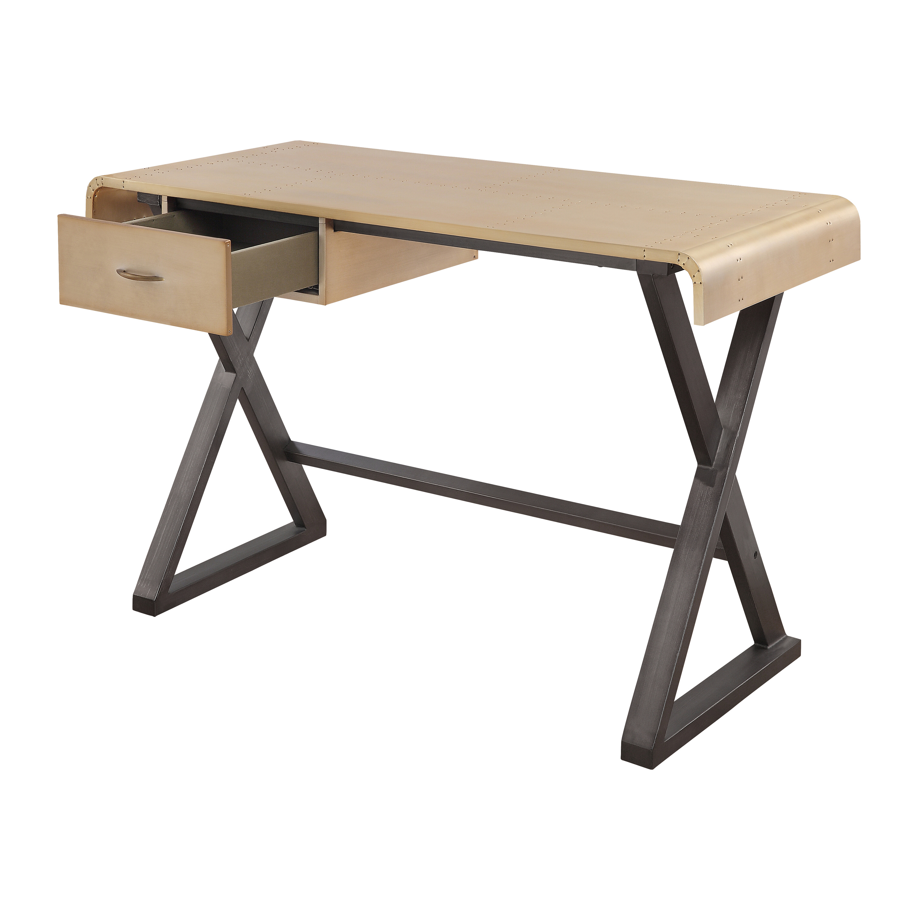 Gold Aluminum and Grey Writing Desk with X Shape Metal Base