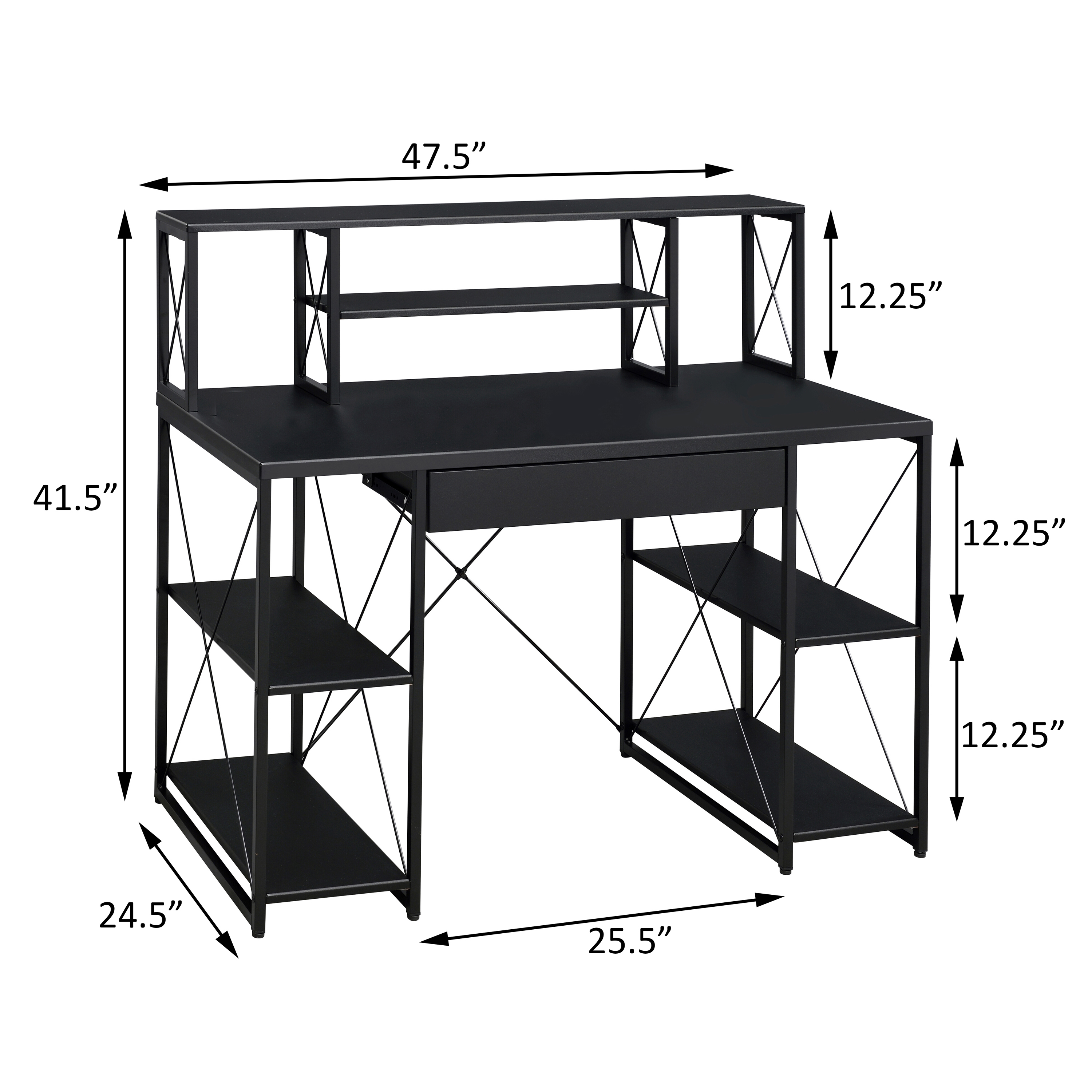 Black Office Desk with Open Shelves and Hutch