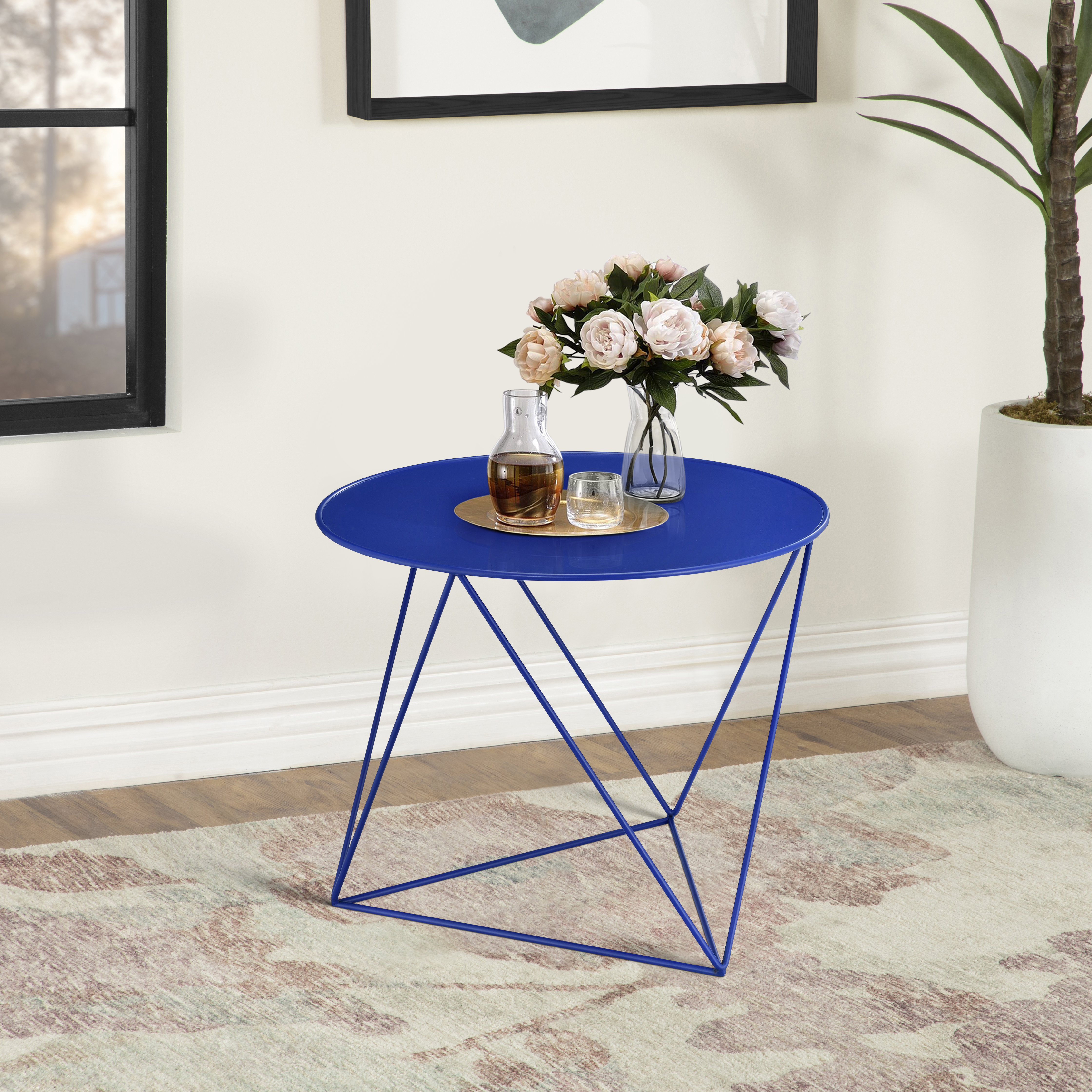 Blue Geometric Metal Base Accent Table