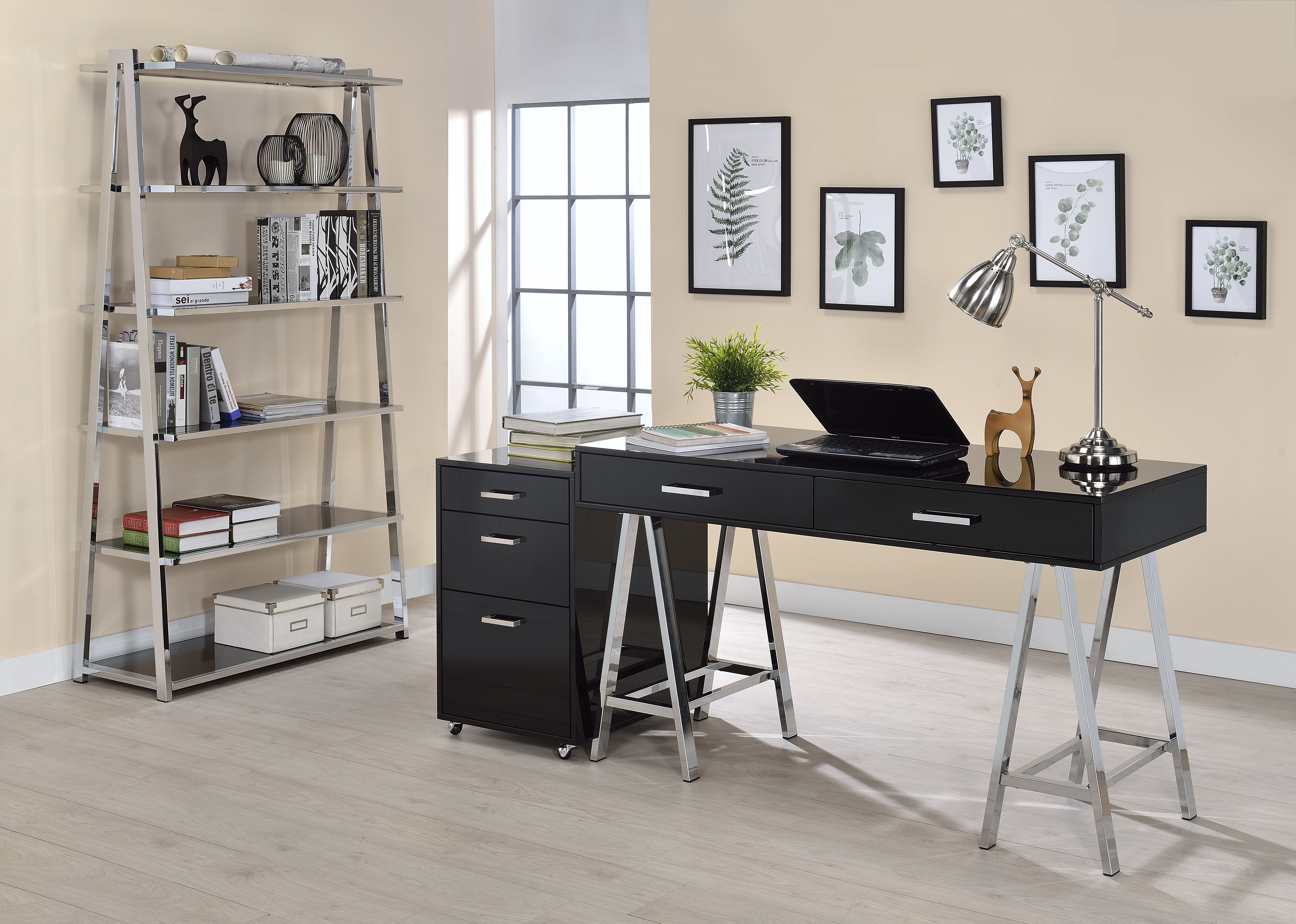 Black High Gloss and Chrome 2-Drawer Writing Desk