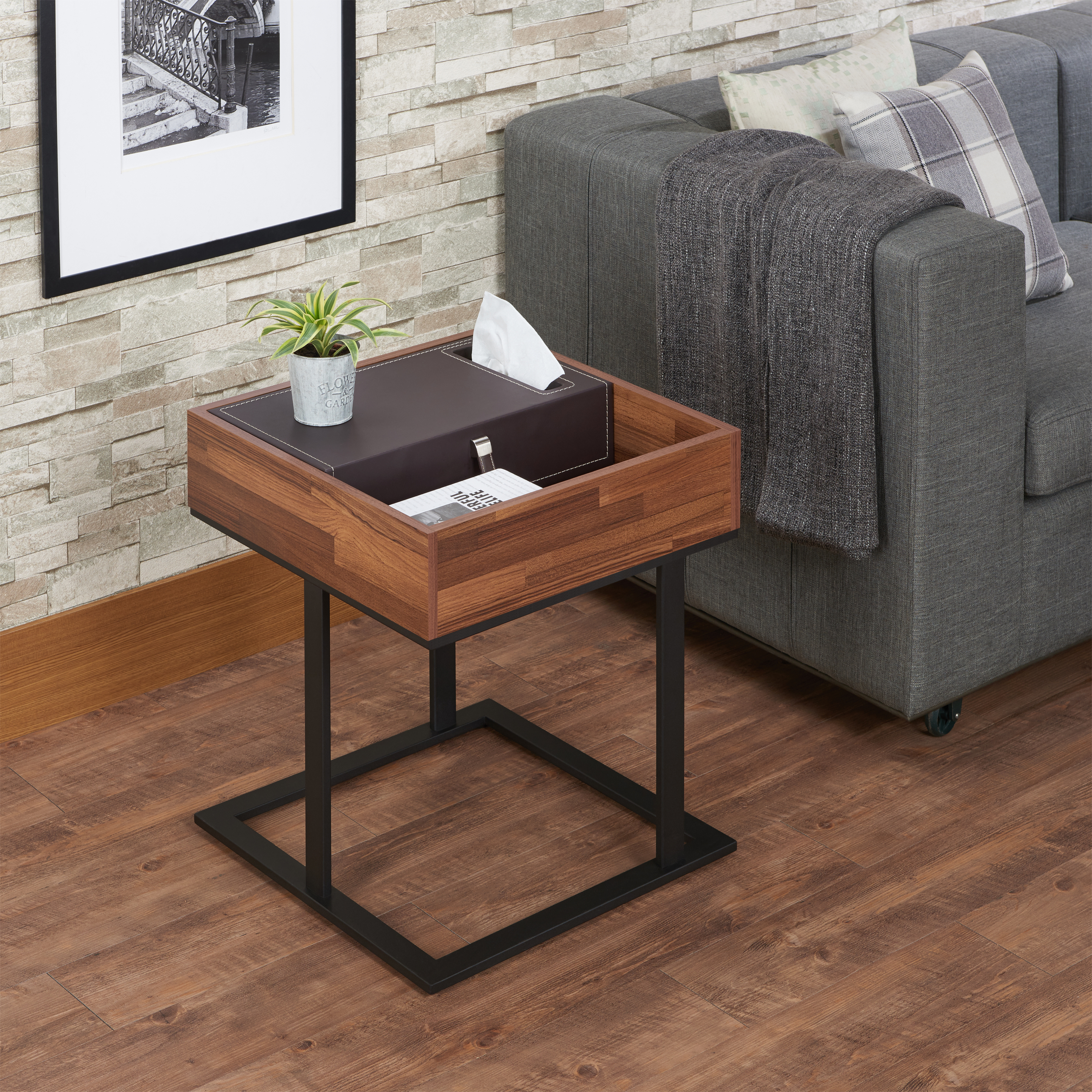 Walnut and Sandy Black Accent Table with Storage