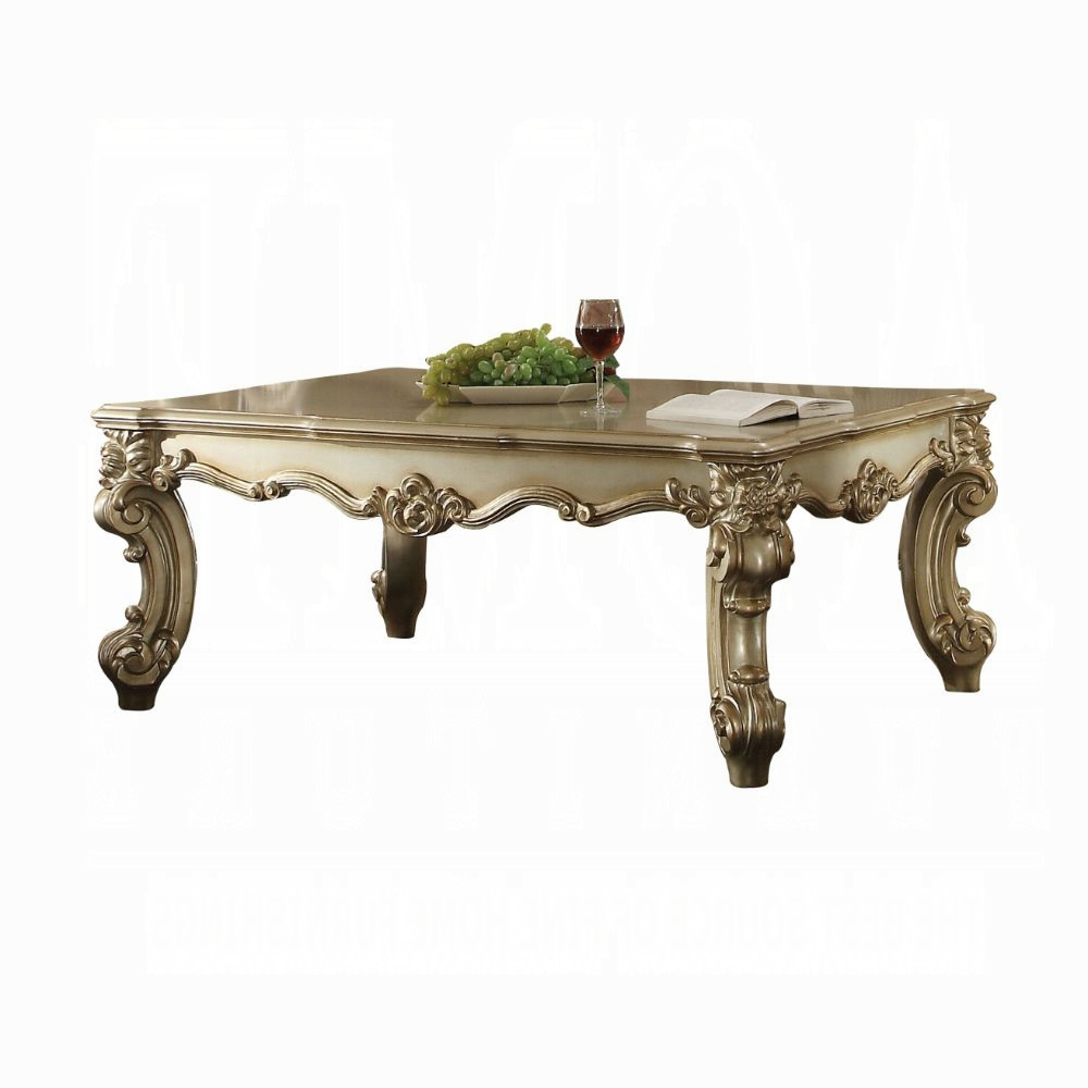 Gold Patina and Bone Coffee Table with Scrolled Leg