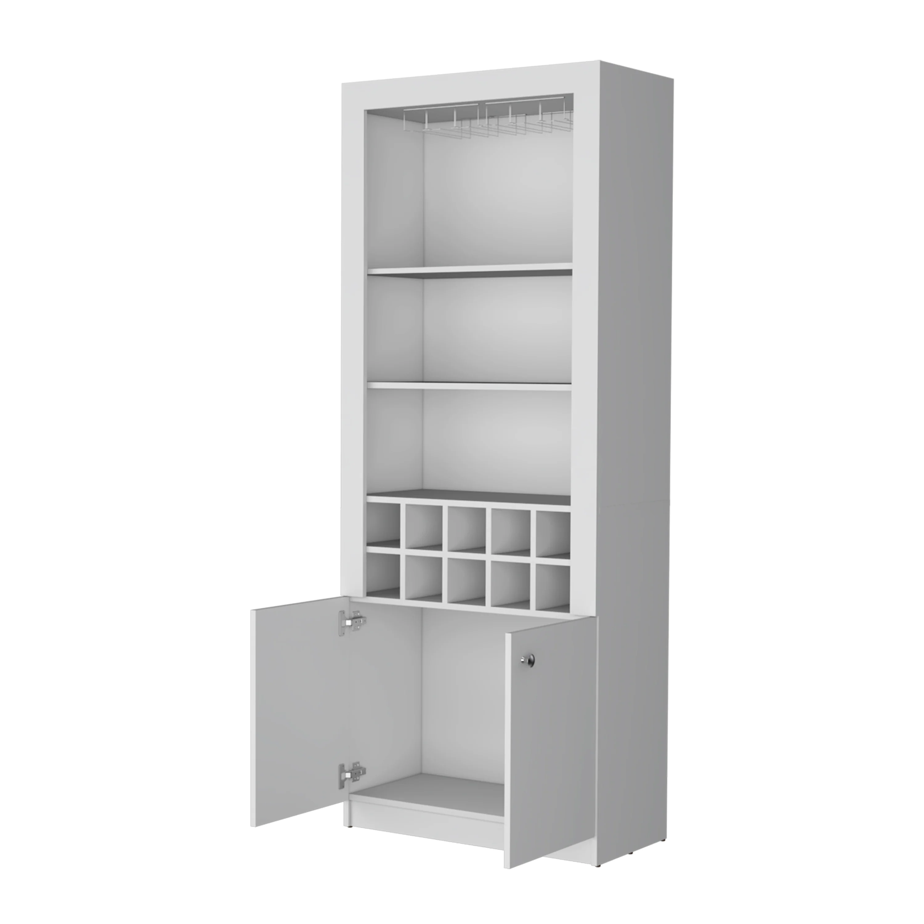 White Bar Cabinet with Wine Storage and Three Shelves