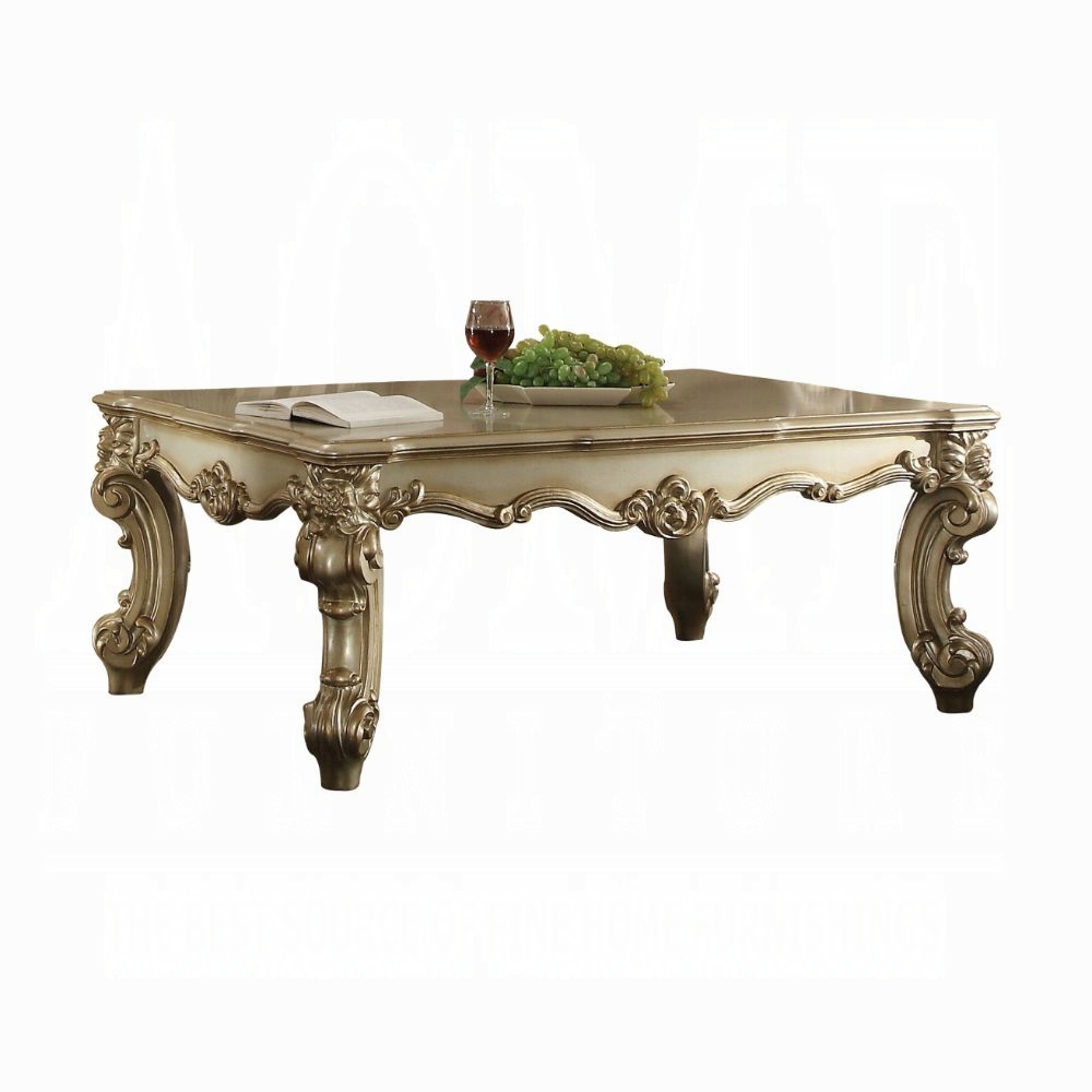 Gold Patina and Bone Coffee Table with Scrolled Leg