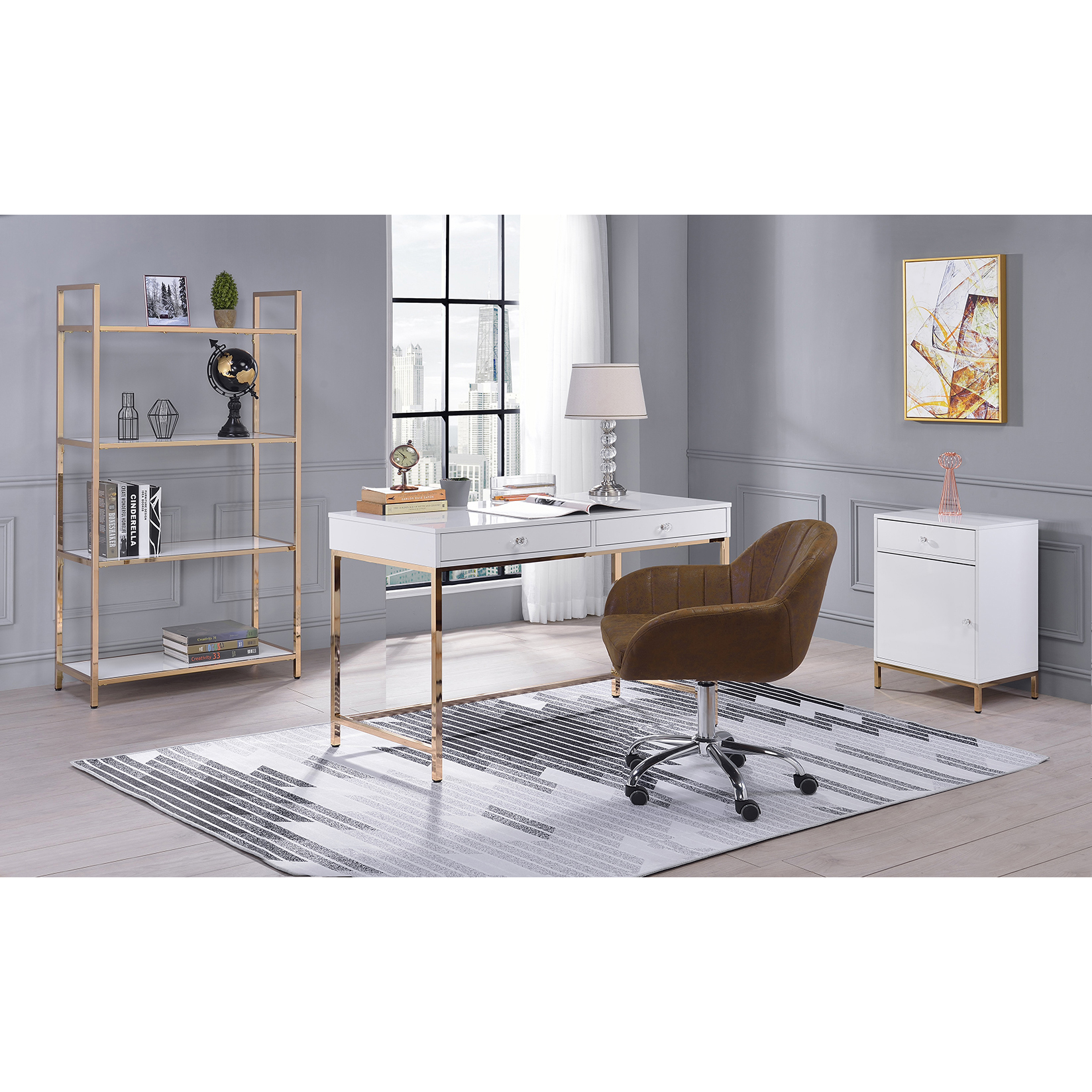 White High Gloss and Gold 2-Drawer Writing Desk