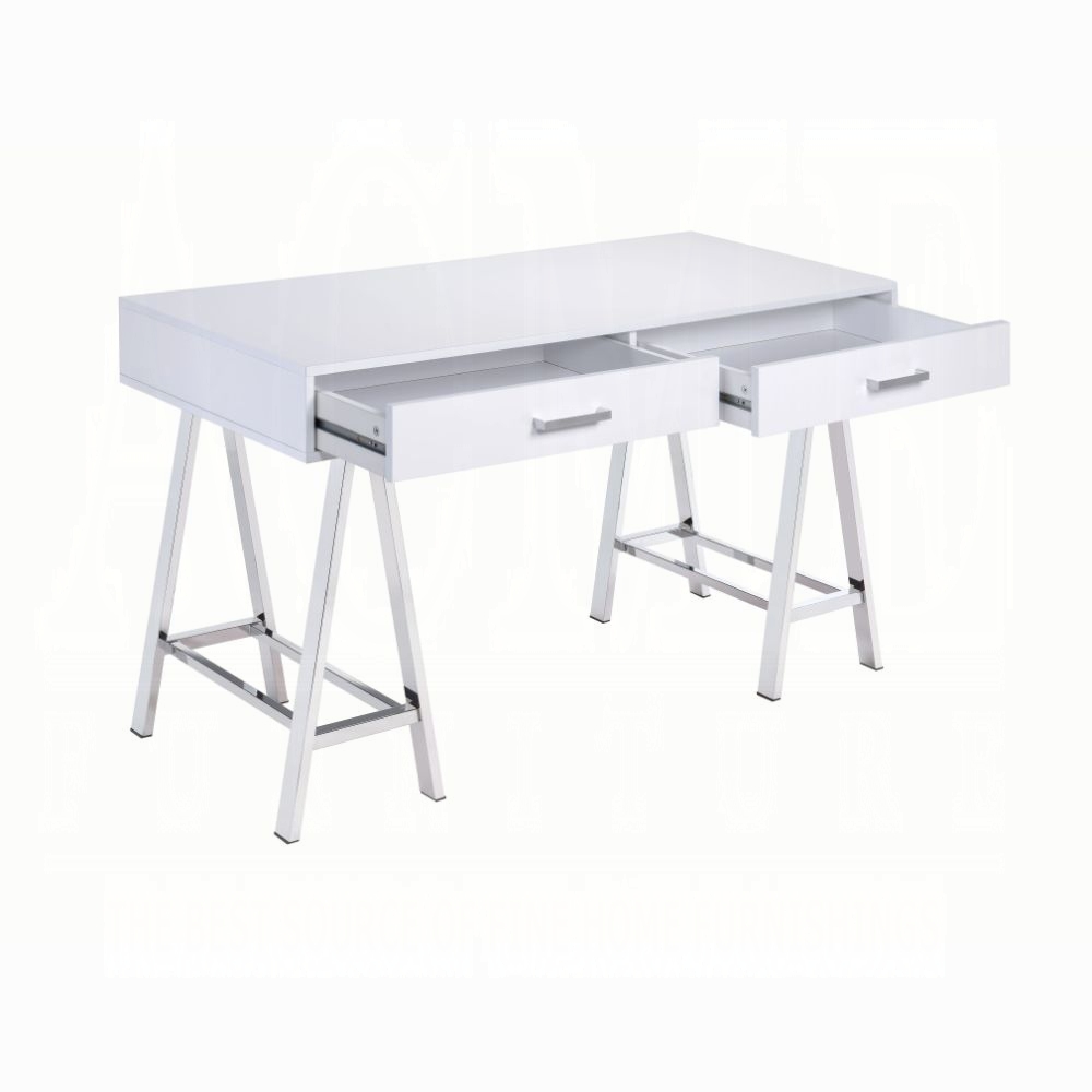 White High Gloss and Chrome 2-Drawer Writing Desk