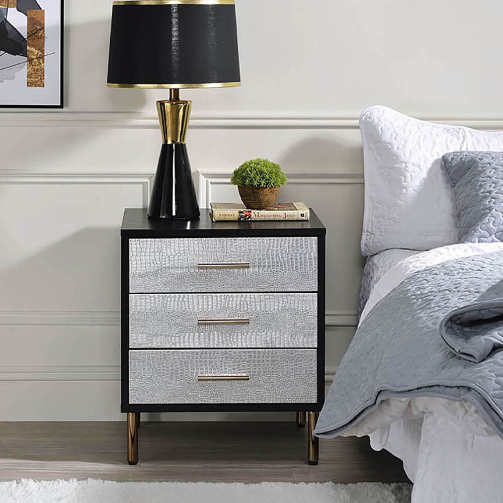 Black, Silver and Gold 3-Drawer Nightstand with Metal Leg