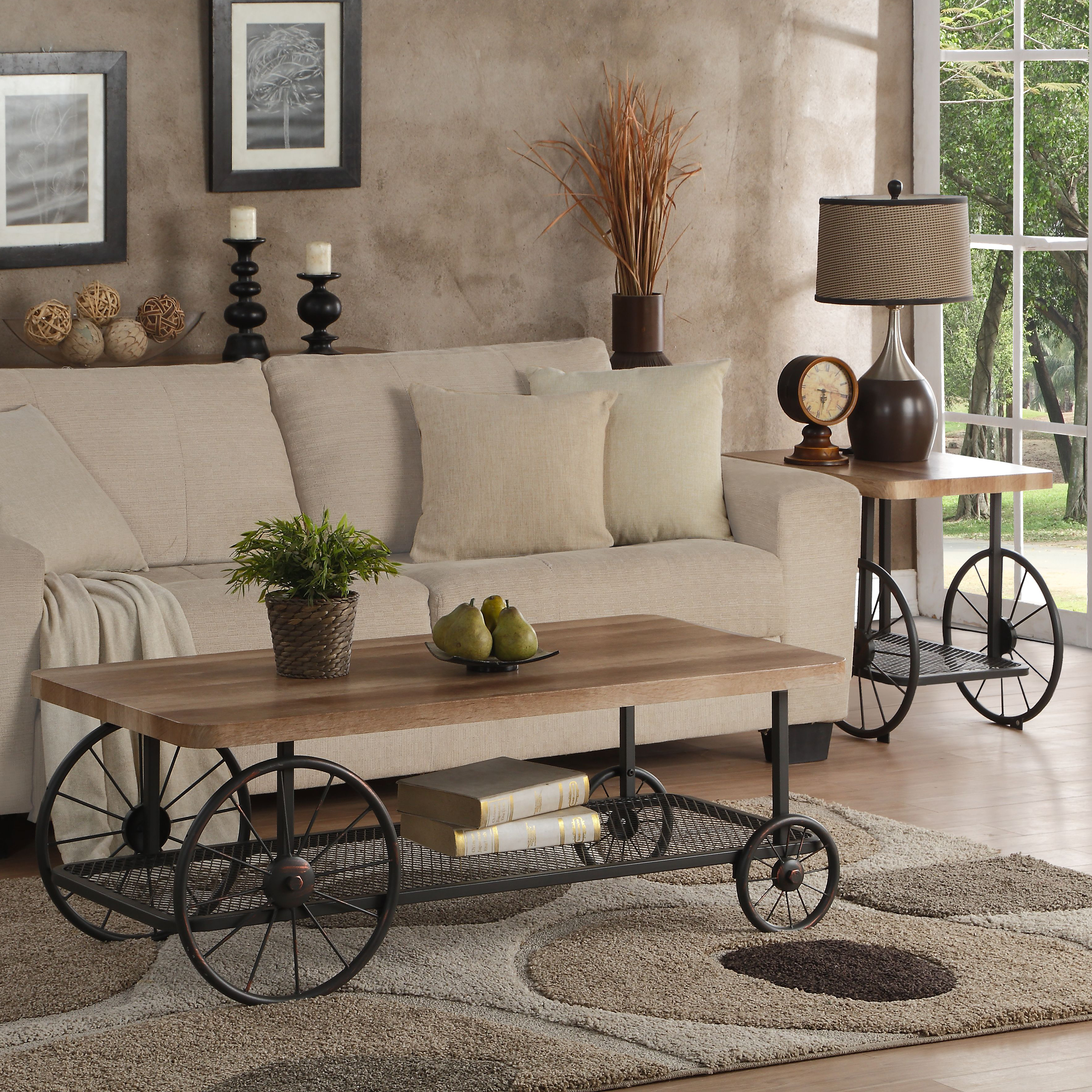 Oak and Antique Grey End Table with Shelf