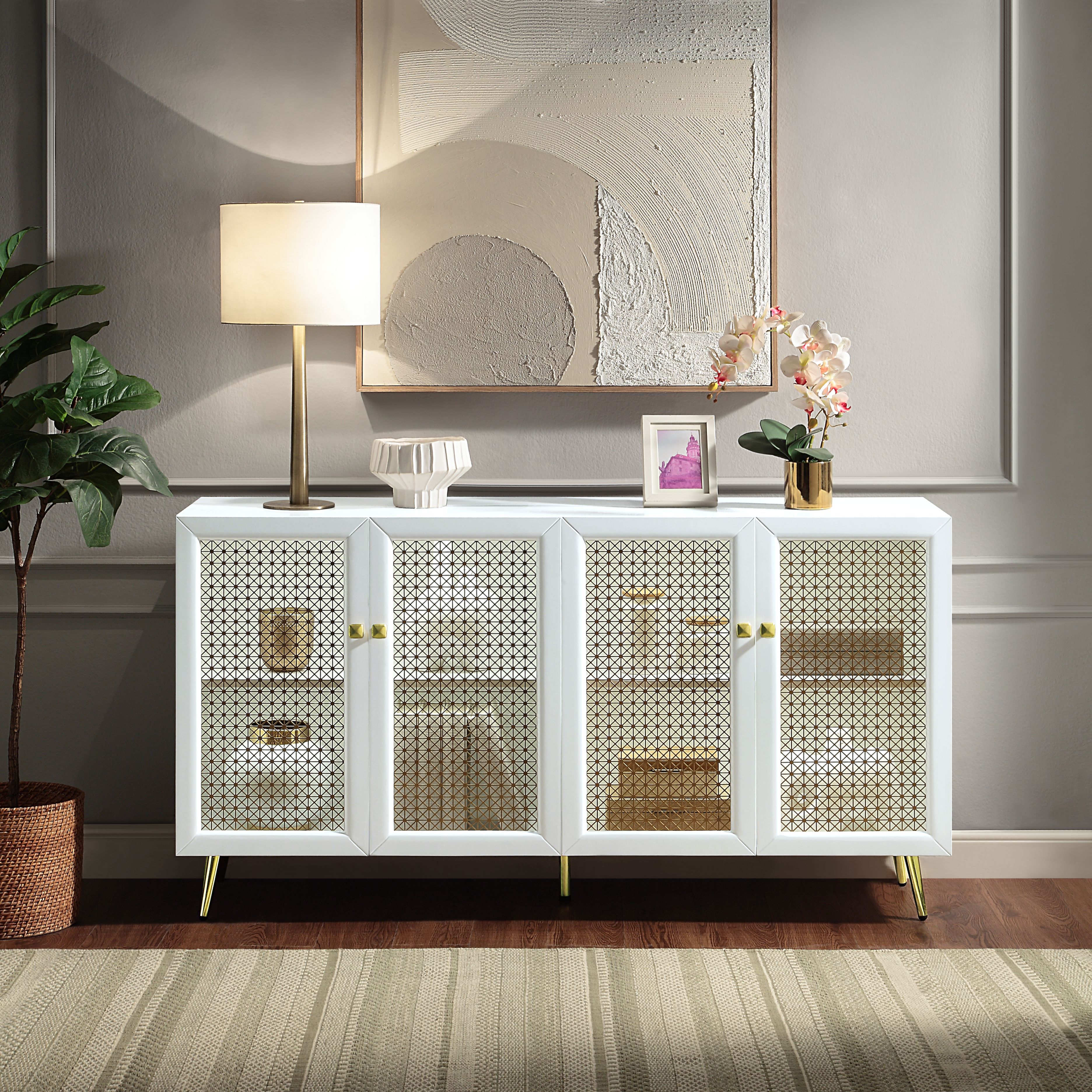 White High Gloss 4-Door Console Cabinet with LED Light