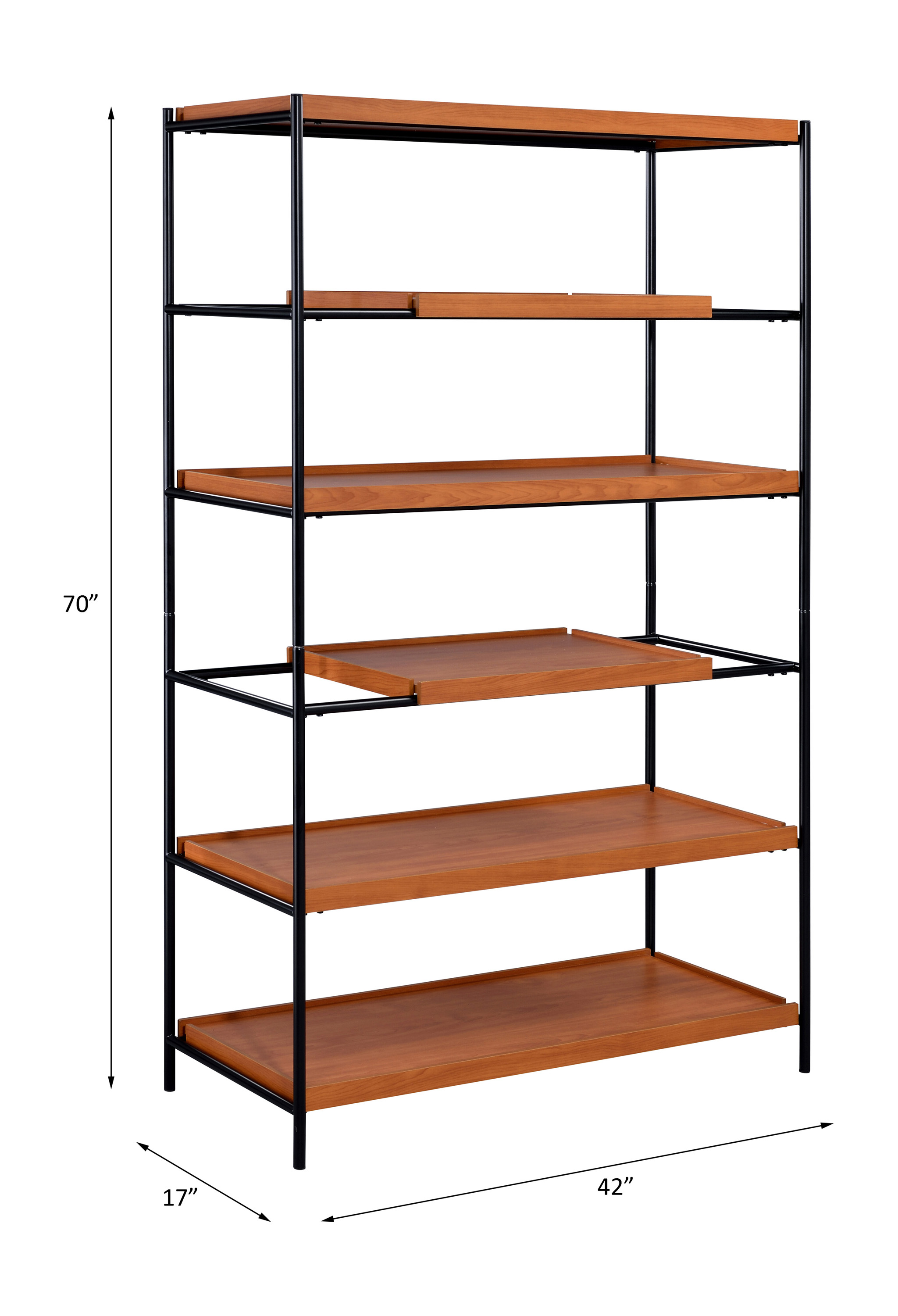 Honey Oak and Black 6-Shelf Bookshelf