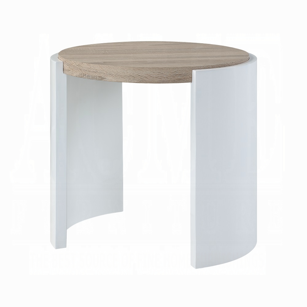 Oak and White High Gloss End Table with Sled Base