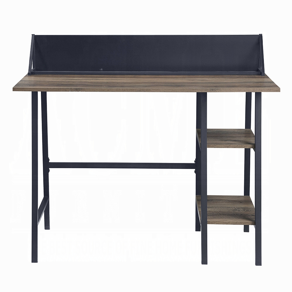 Rustic Oak and Black 2-Shelf Writing Desk with H-Shaped Base