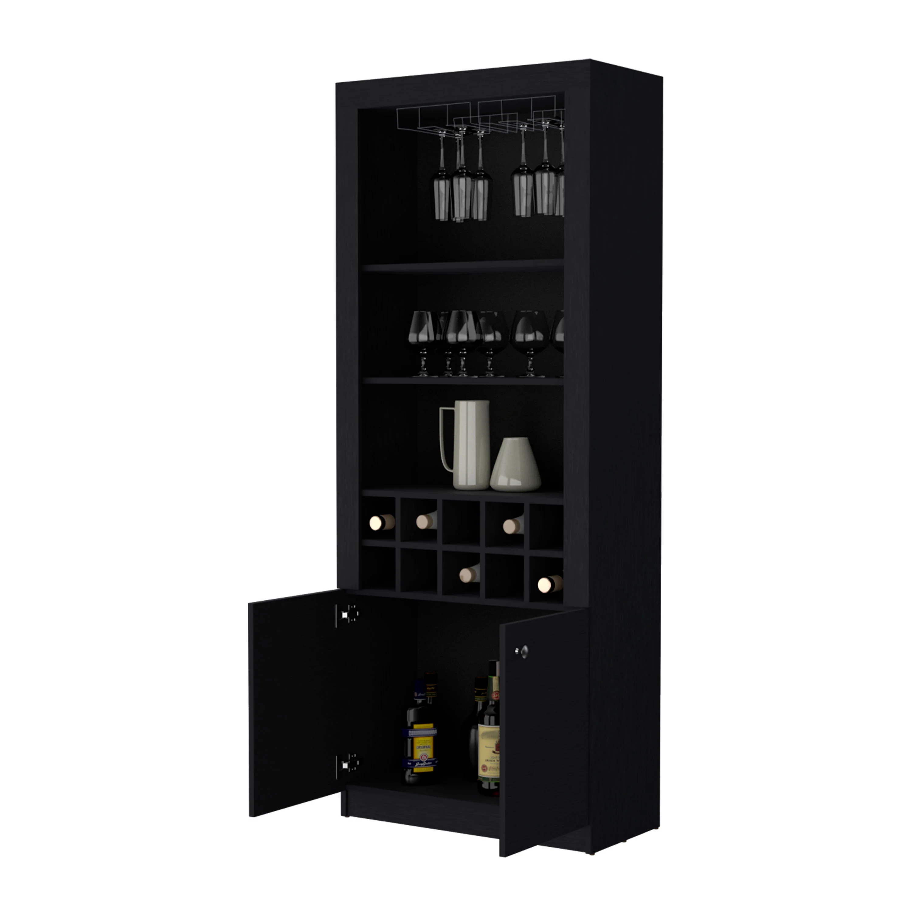 Black Bar Cabinet with Wine Storage and Three Shelves