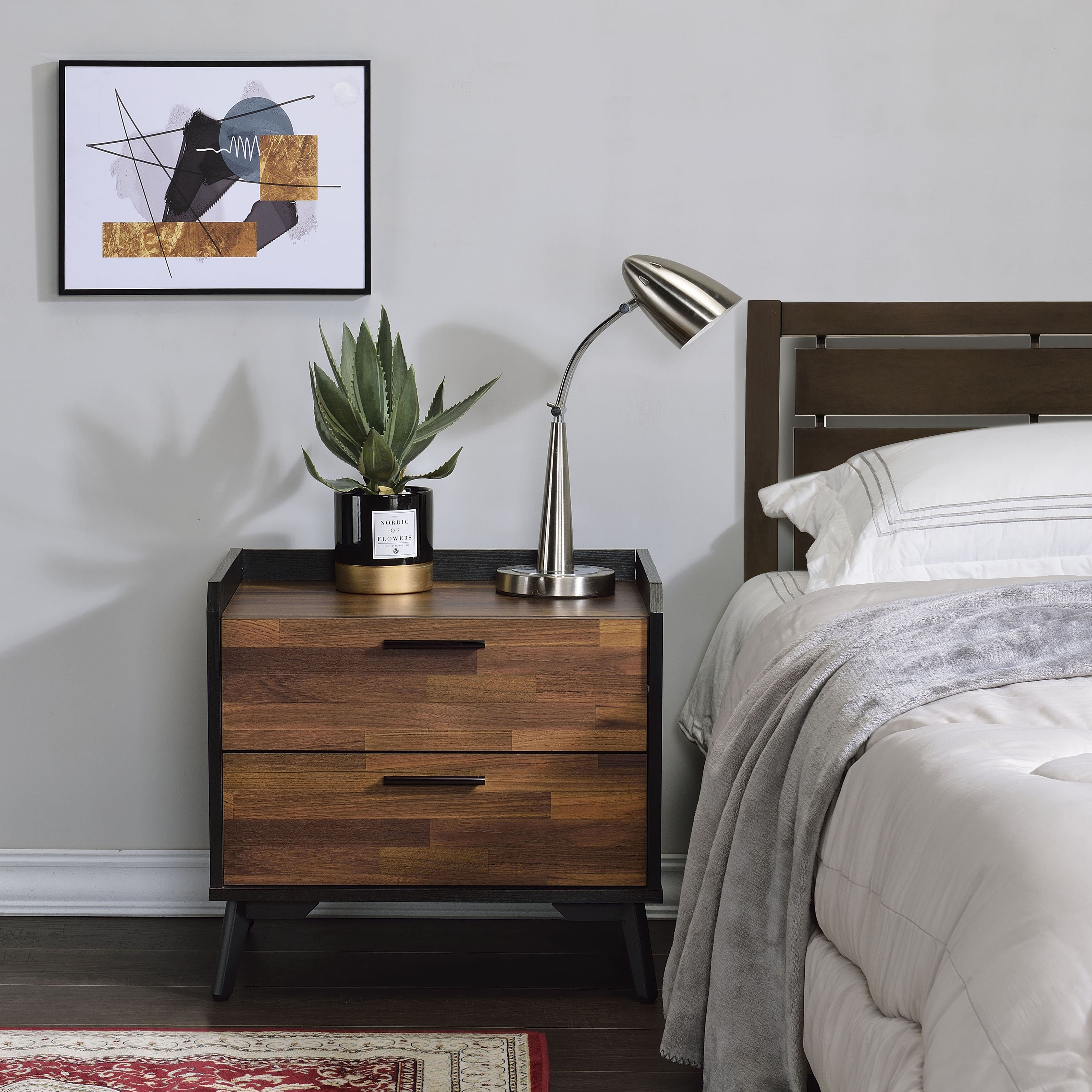 Walnut and Black Nightstand with Metal Sled Base