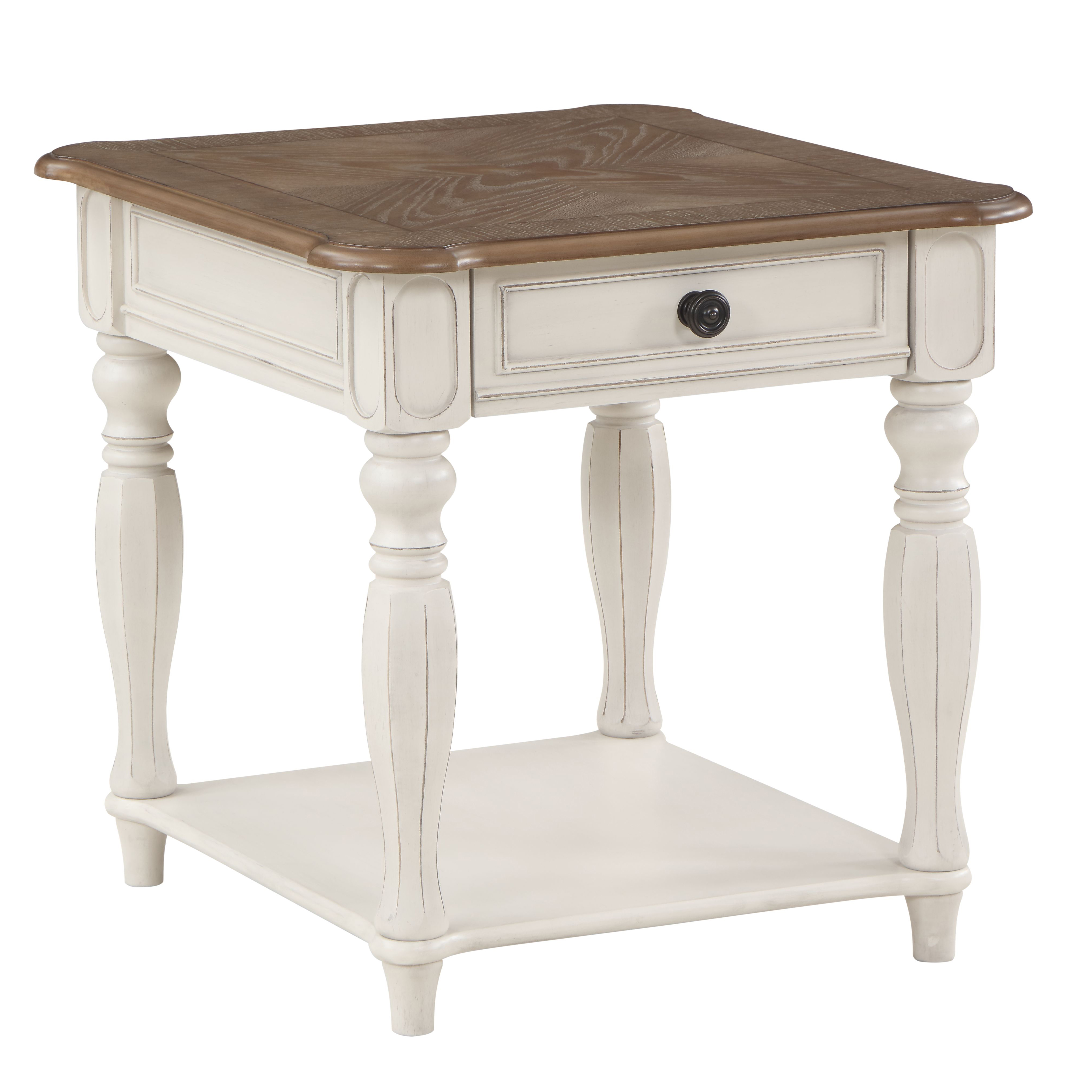 Oak and Antique White 1-Drawer End Table with Shelf