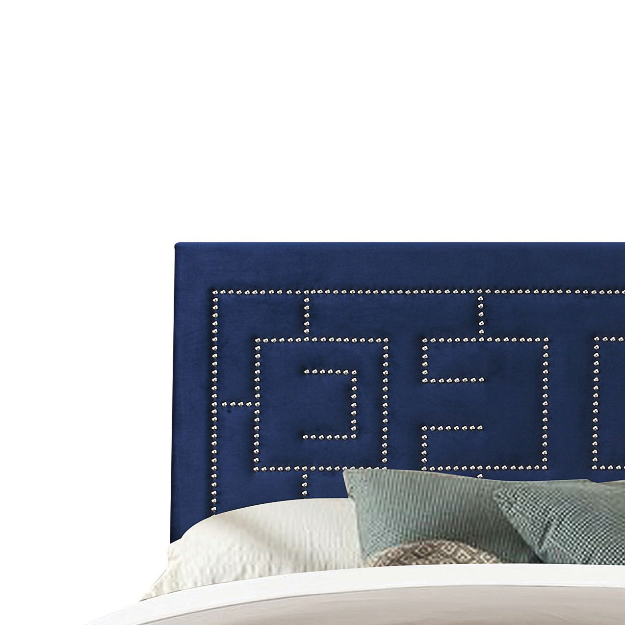 Dark Blue Eastern King Panel Bed with Nailhead Trim