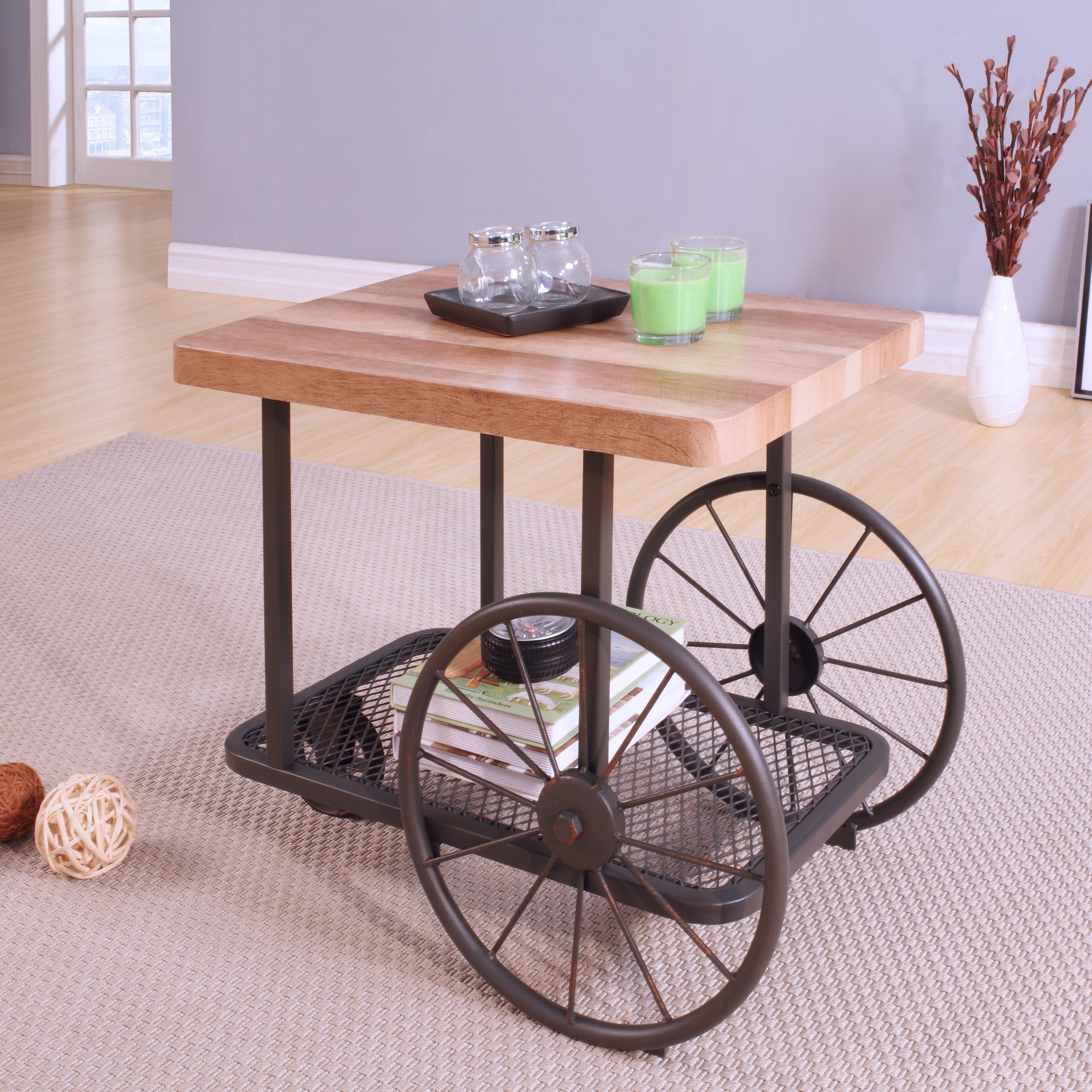 Oak and Antique Grey End Table with Shelf