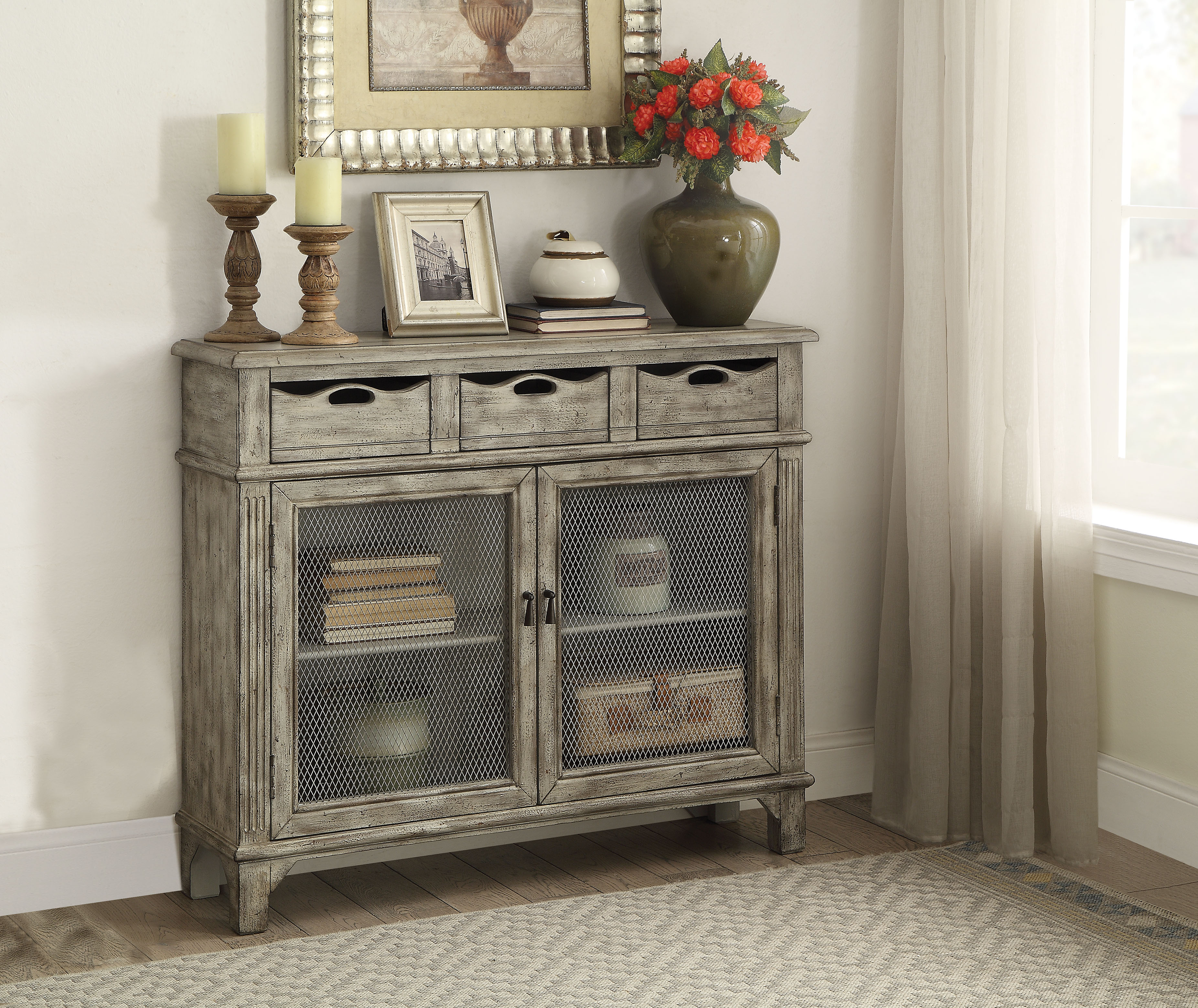 Weathered Grey 2-Door Console Cabinet with 3 Drawer