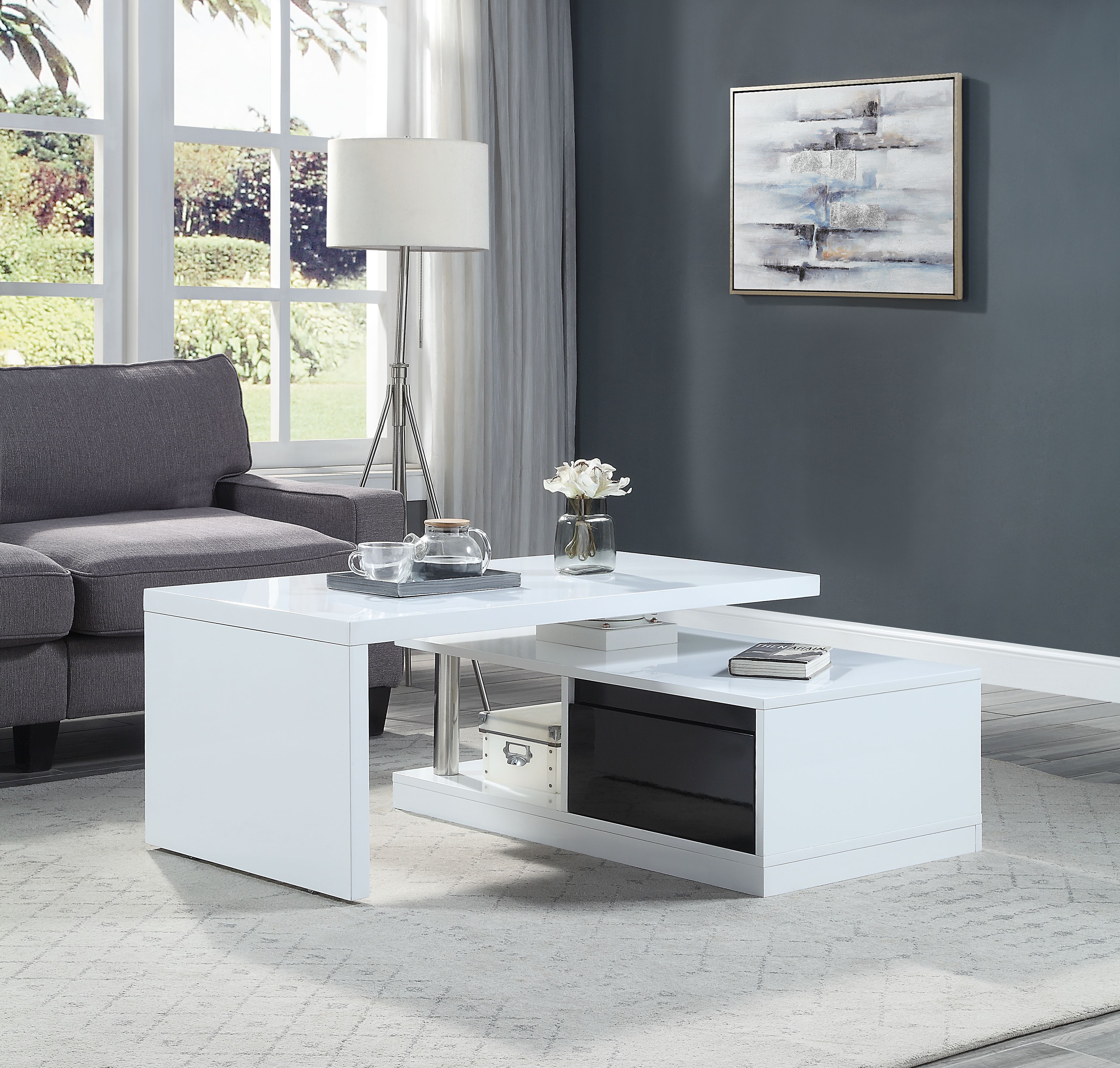 White and Black High Gloss Coffee Table with Swivel Top