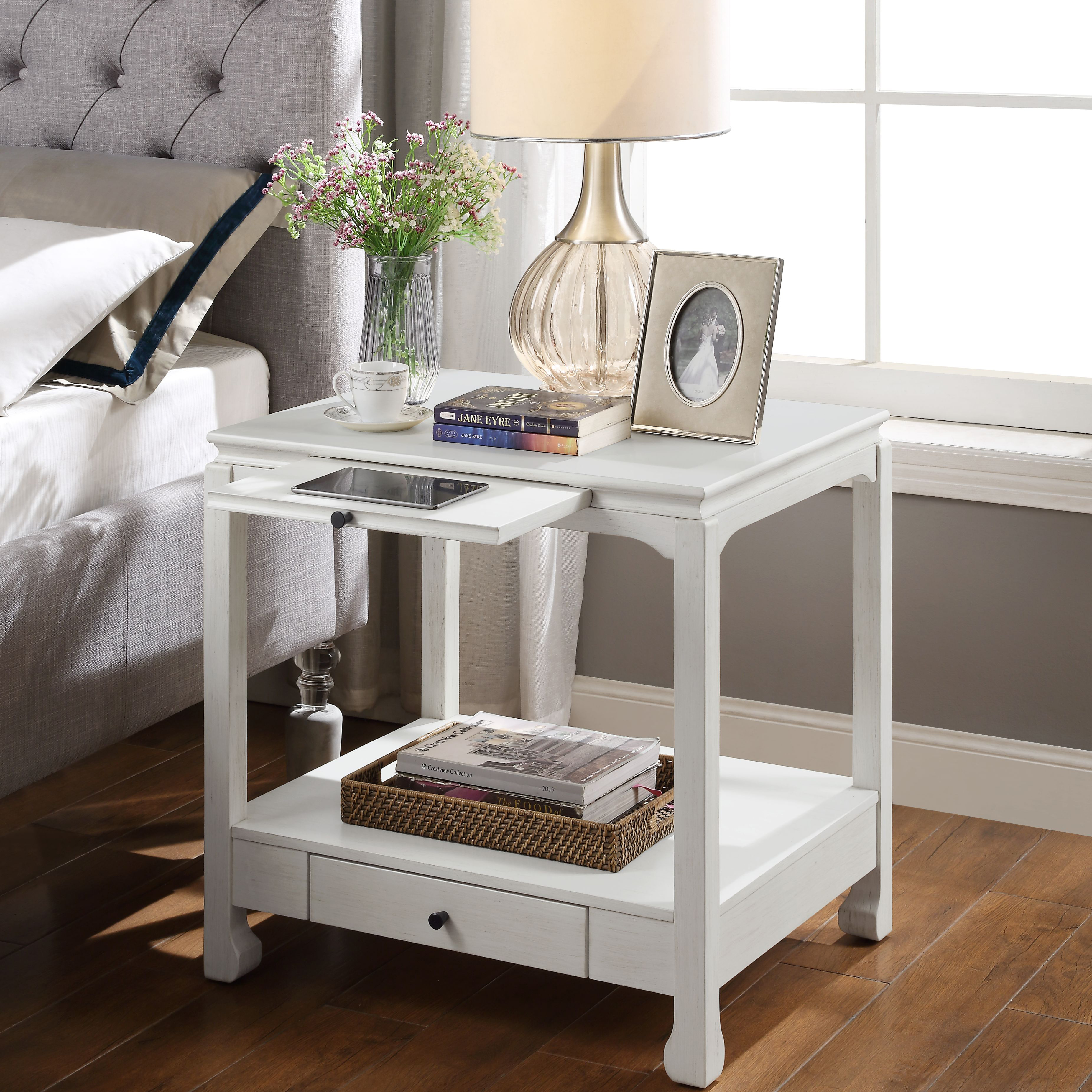 Antique White 2-Drawer Accent Table with Shelf