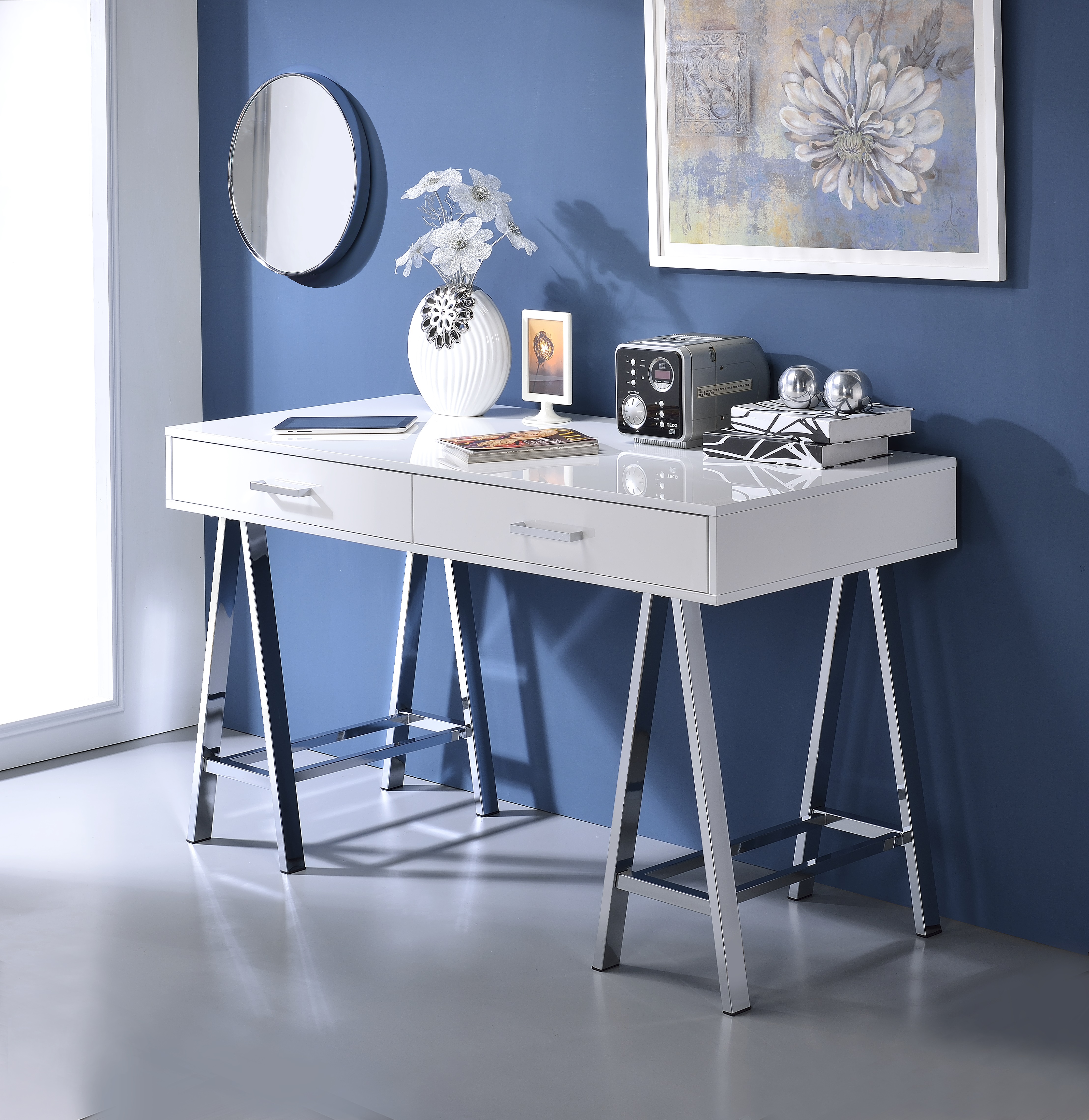 White High Gloss and Chrome Writing Desk with USB Port