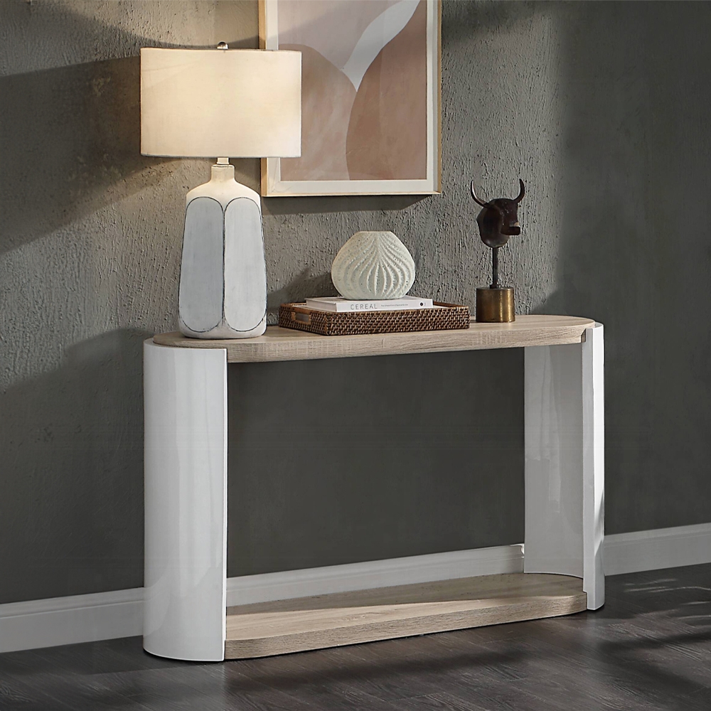 Oak and White High Gloss Sofa Table with Bottom Shelf