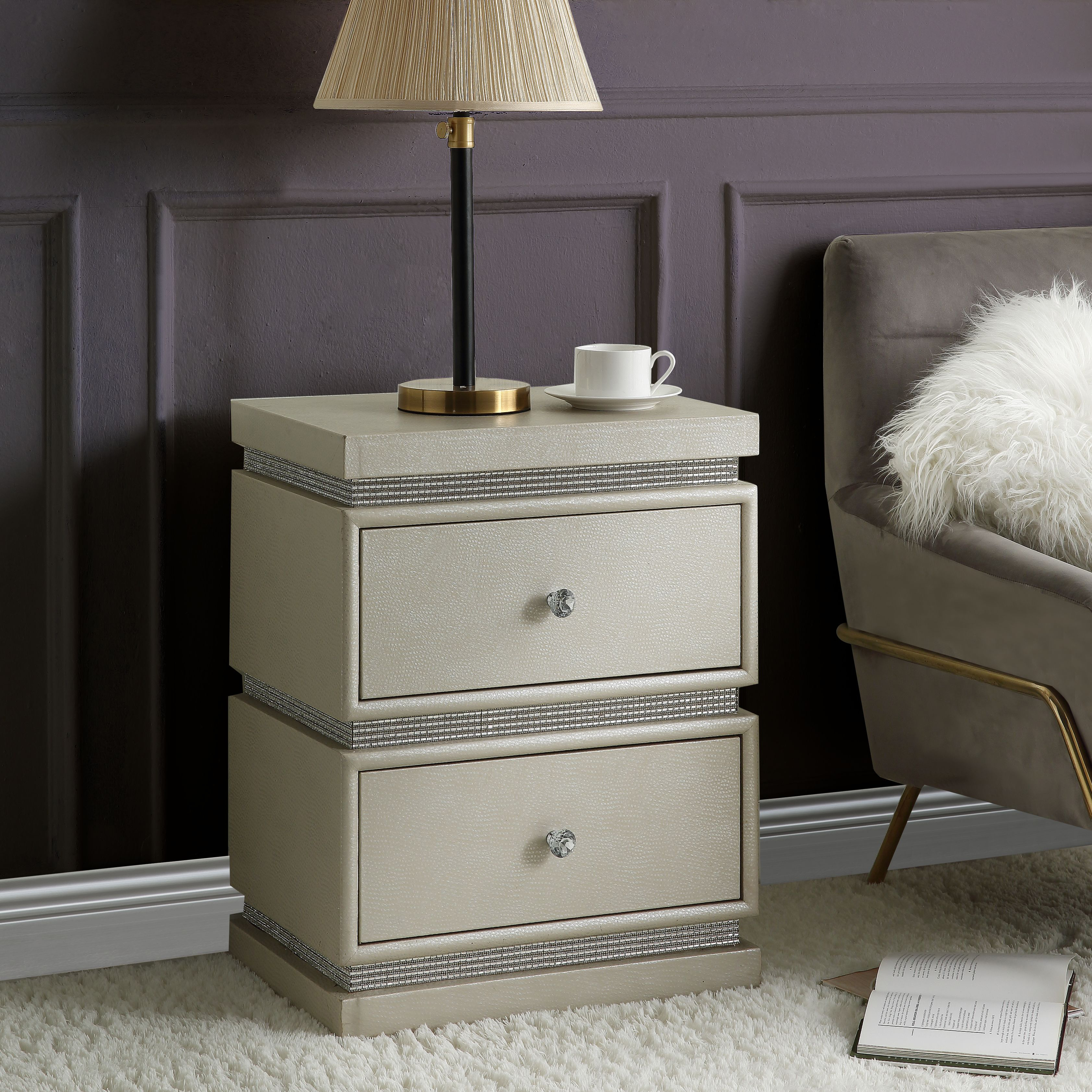 Ivory 2-Drawer Accent Table with Faux Diamonds Border