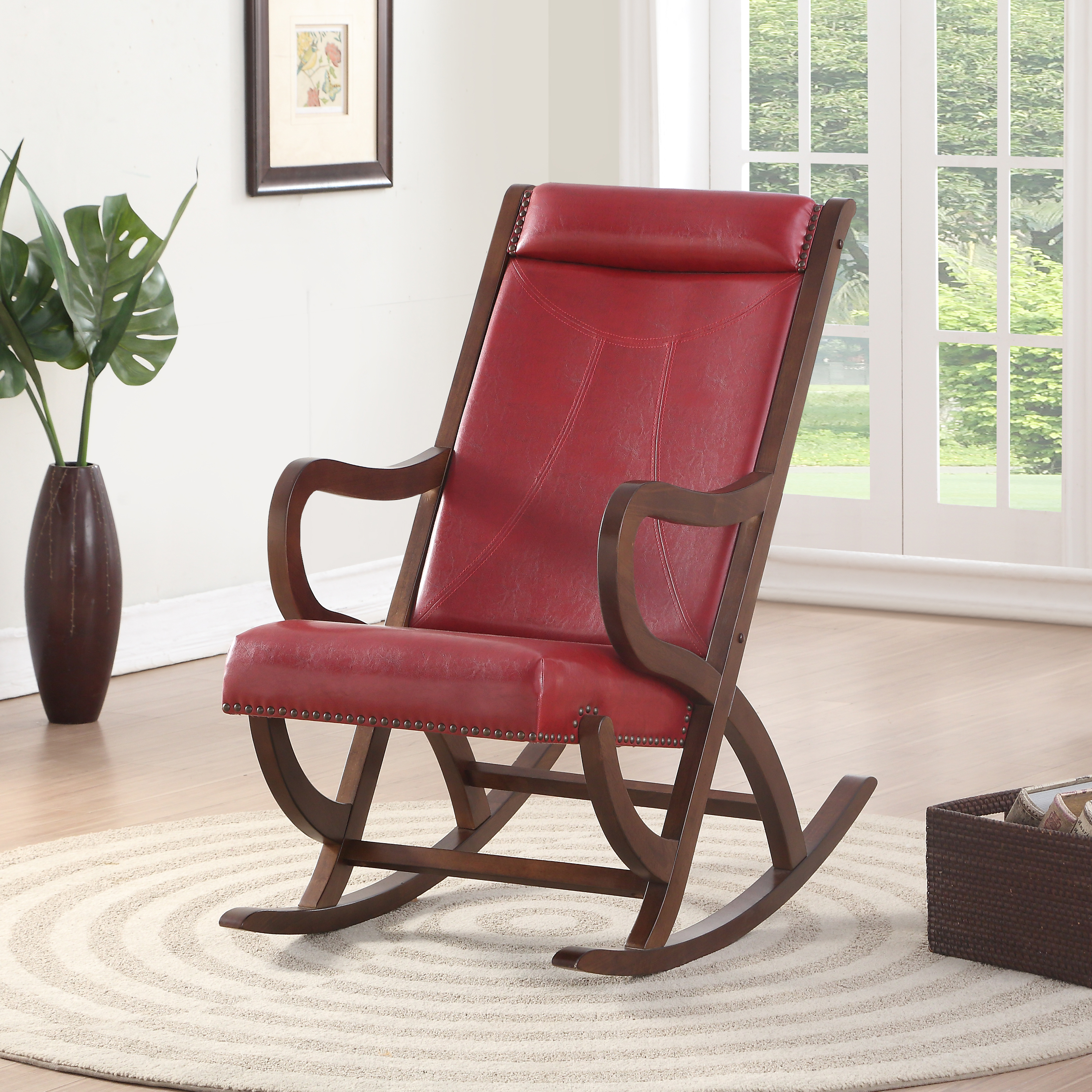 Burgundy and Walnut Rocking Chair with Nailhead Trim