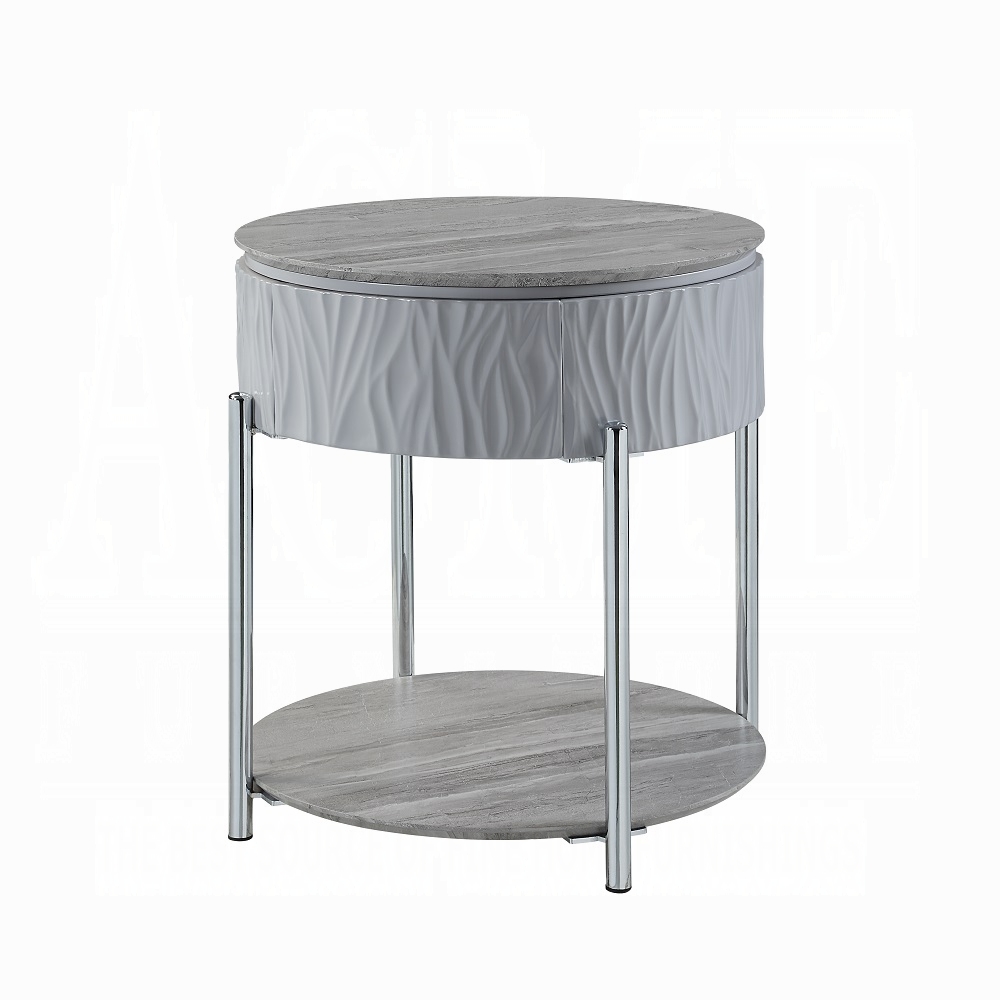 Grey High Gloss and Chrome End Table with Drawer