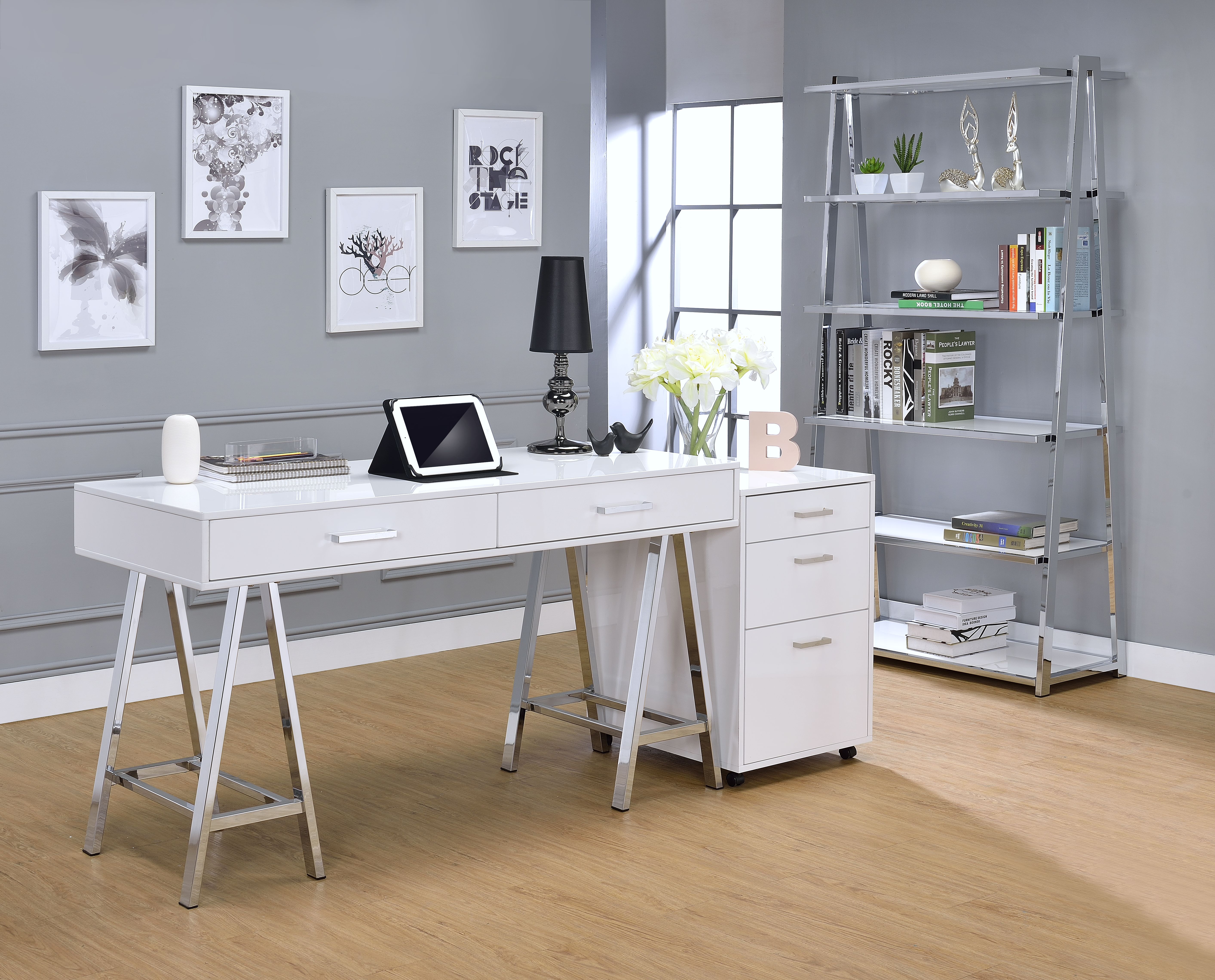 White High Gloss and Chrome 2-Drawer Writing Desk