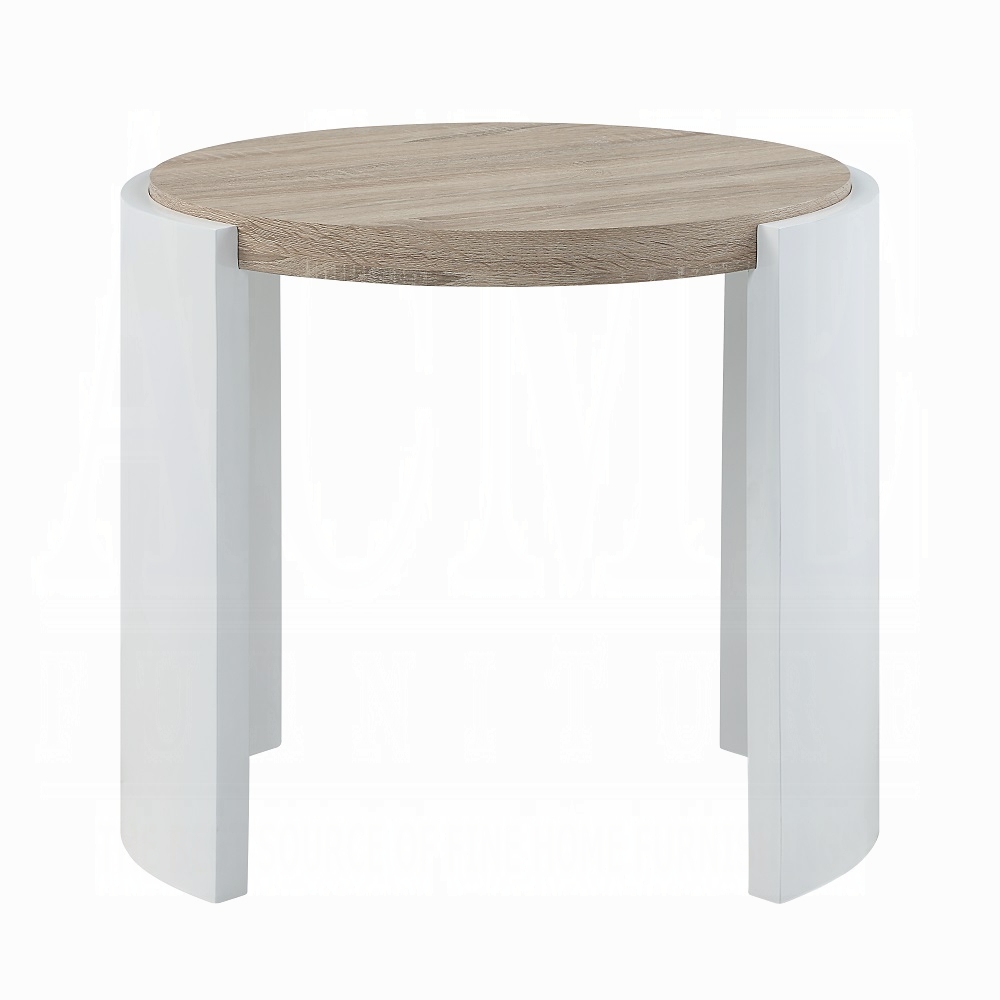 Oak and White High Gloss End Table with Sled Base