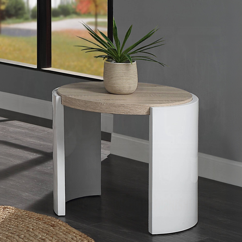 Oak and White High Gloss End Table with Sled Base