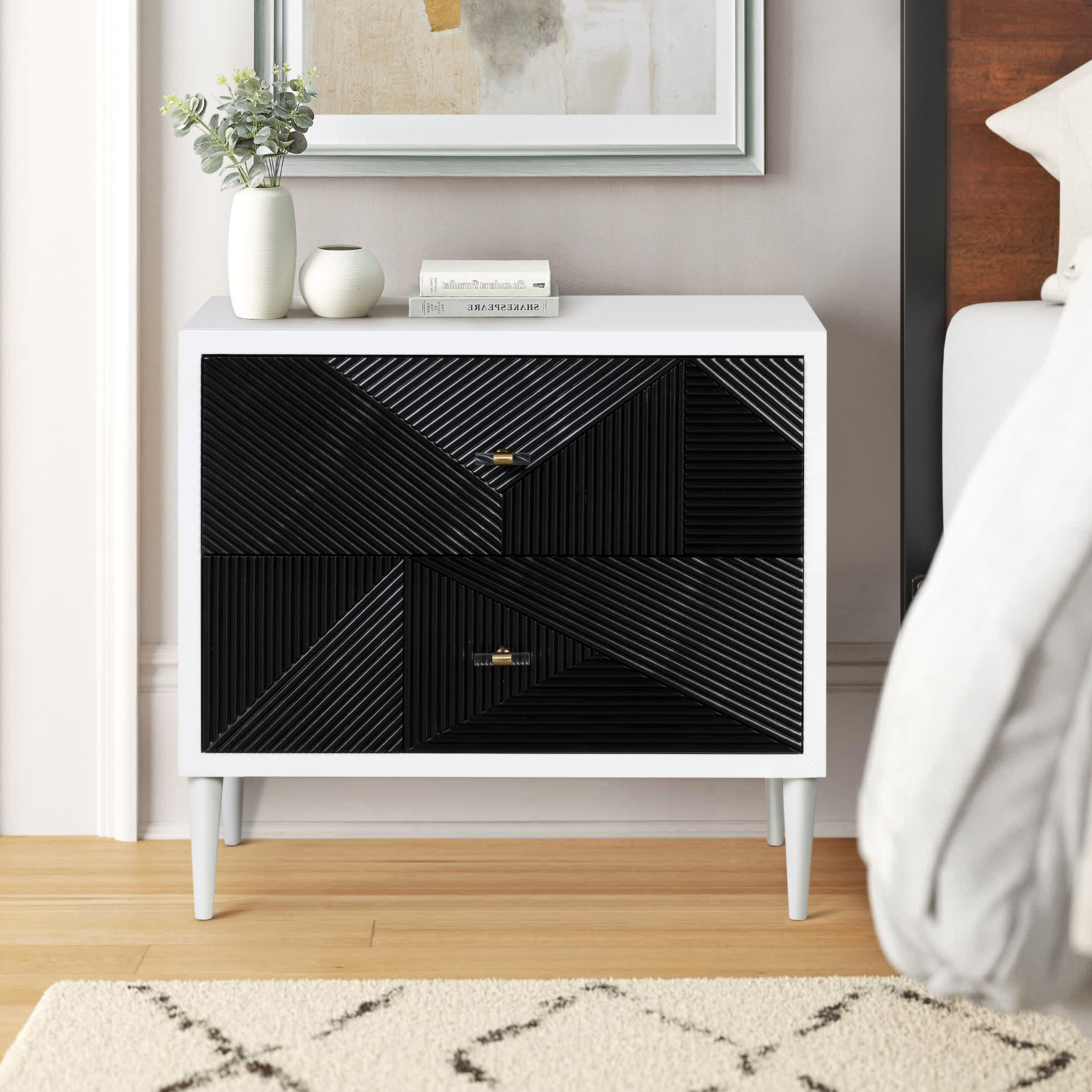 White and Black Accent Nightstand with 2 Drawers