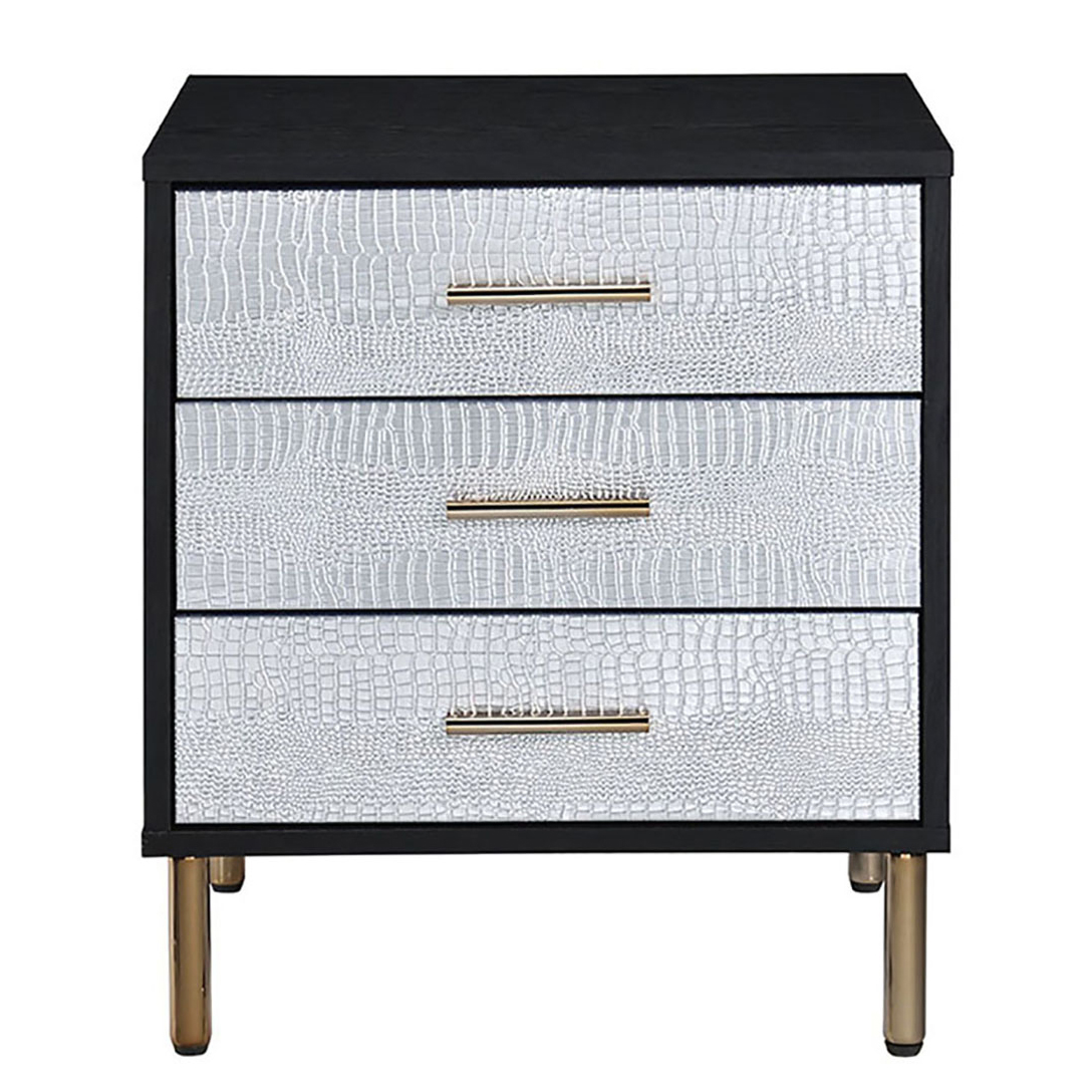 Black, Silver and Gold 3-Drawer Nightstand with Metal Leg