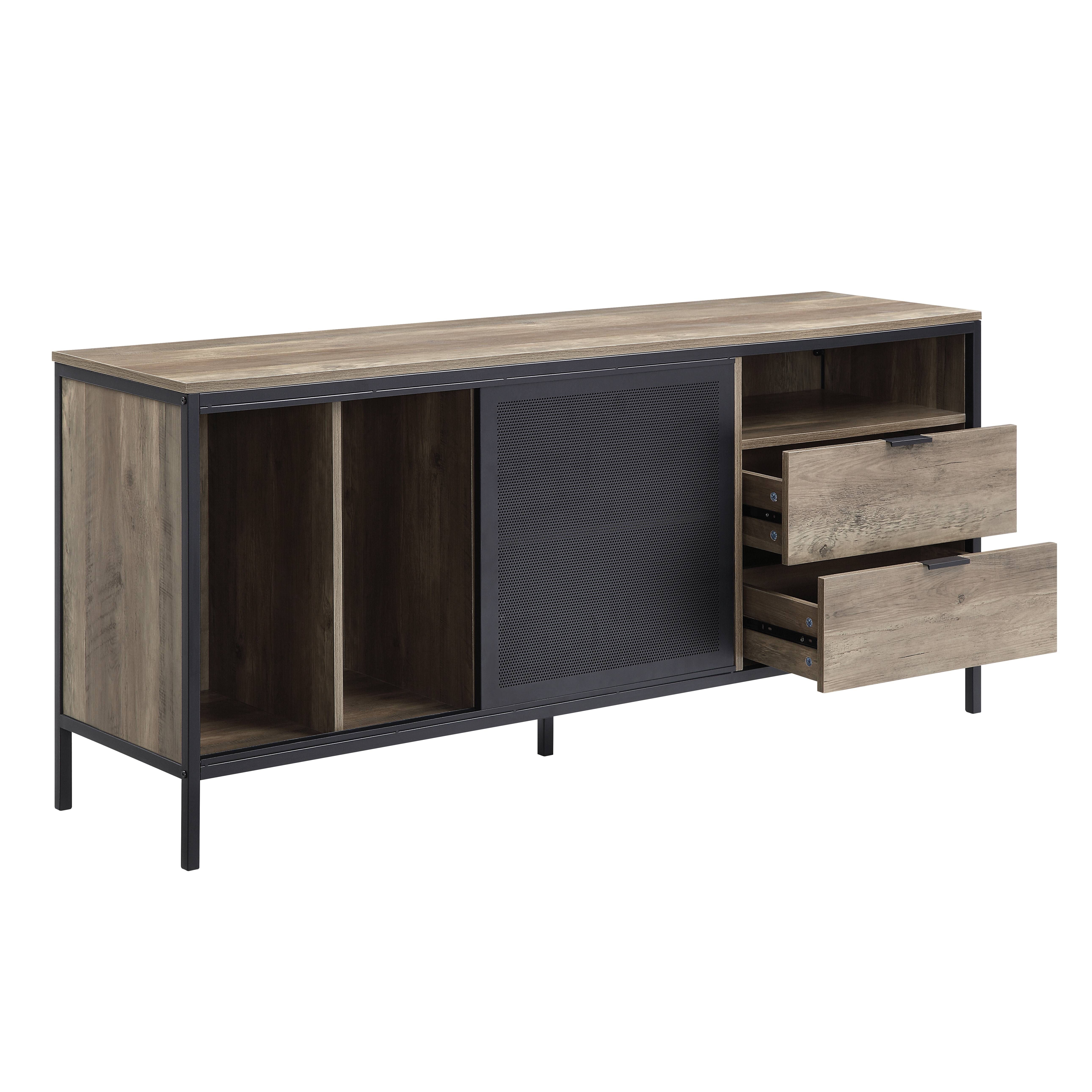 Rustic Oak And Black 2-Drawer TV Stand with Sliding Door