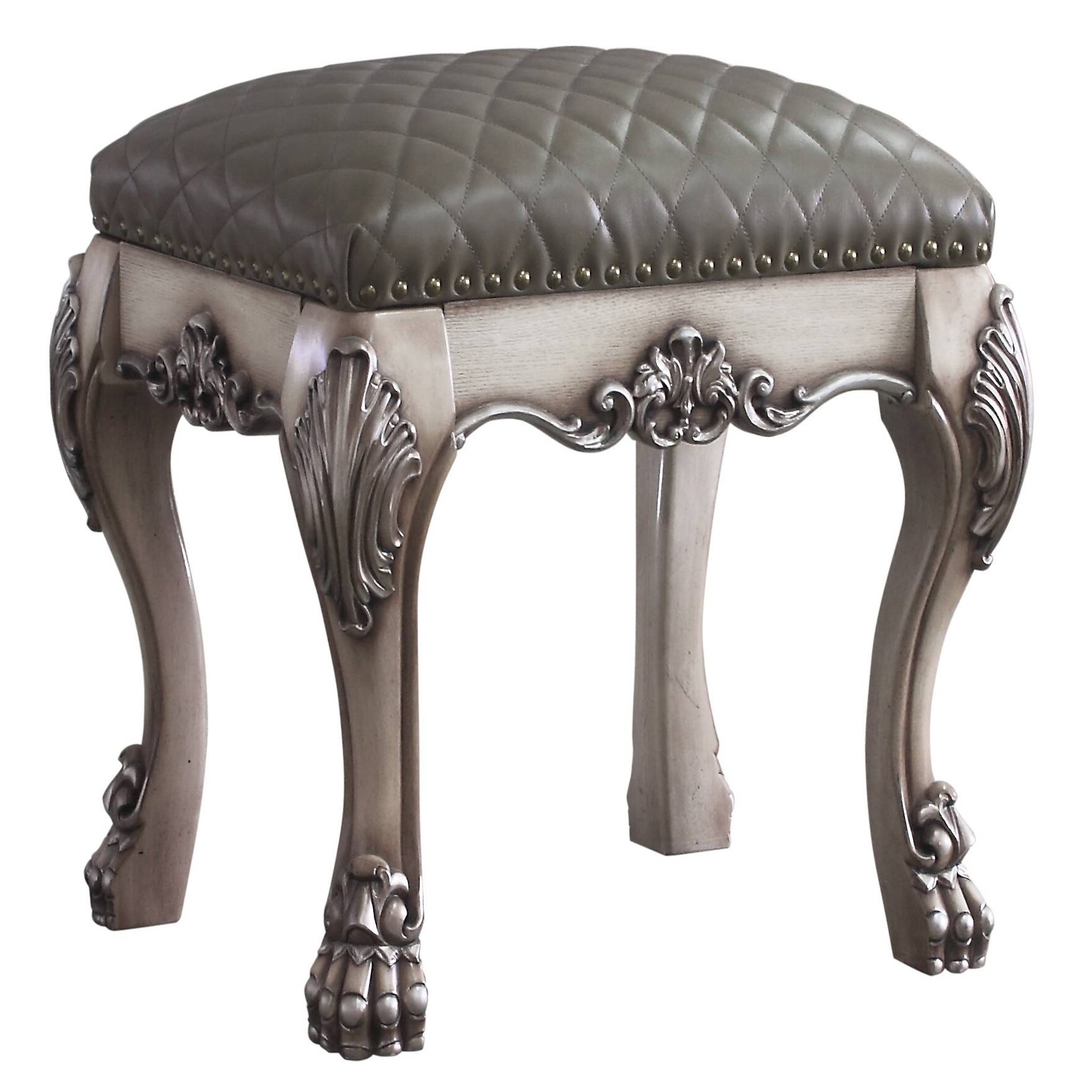 Grey and Vintage Bone White Vanity Stool with Tufted Seat