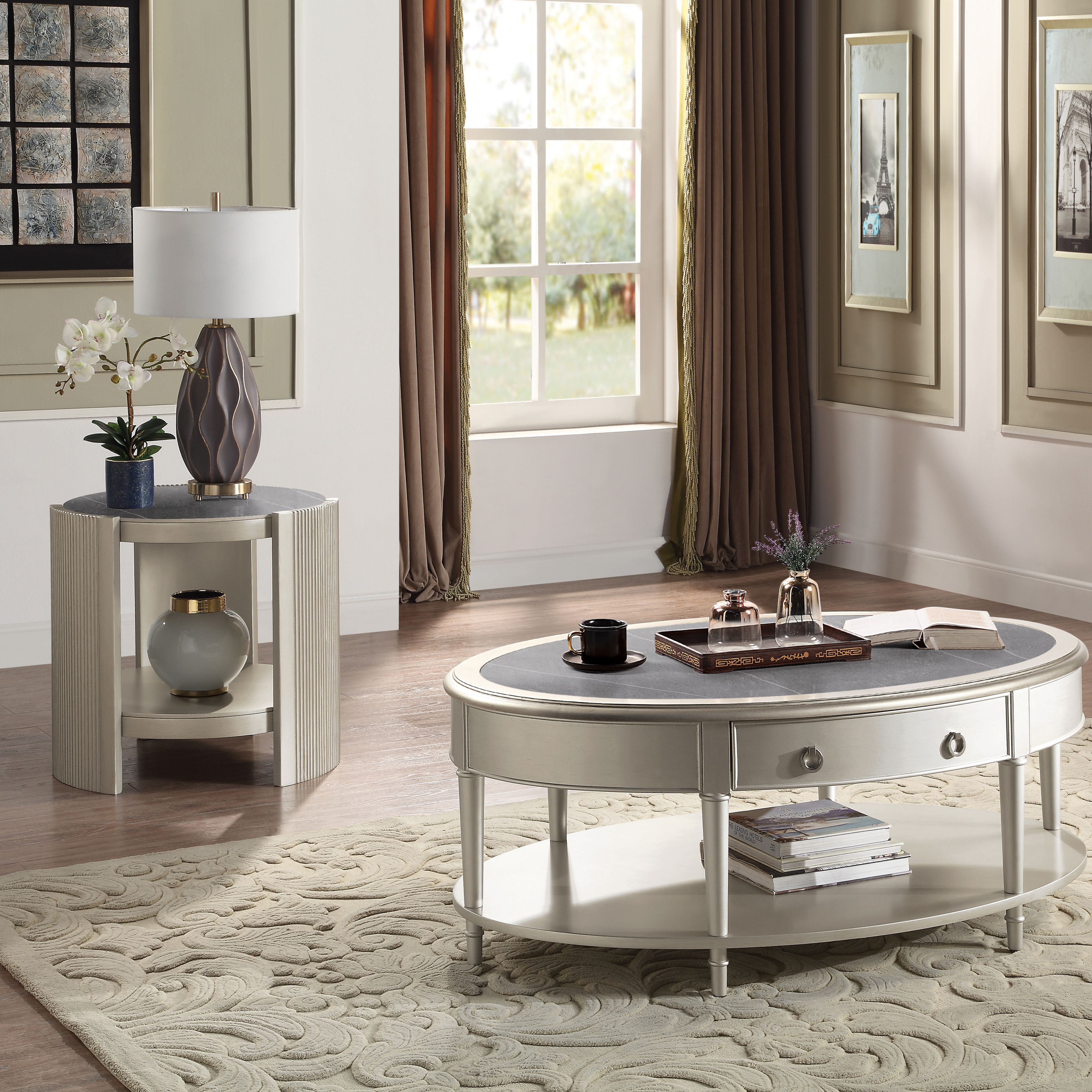 Sintered Stone and Champagne End Table with Shelf