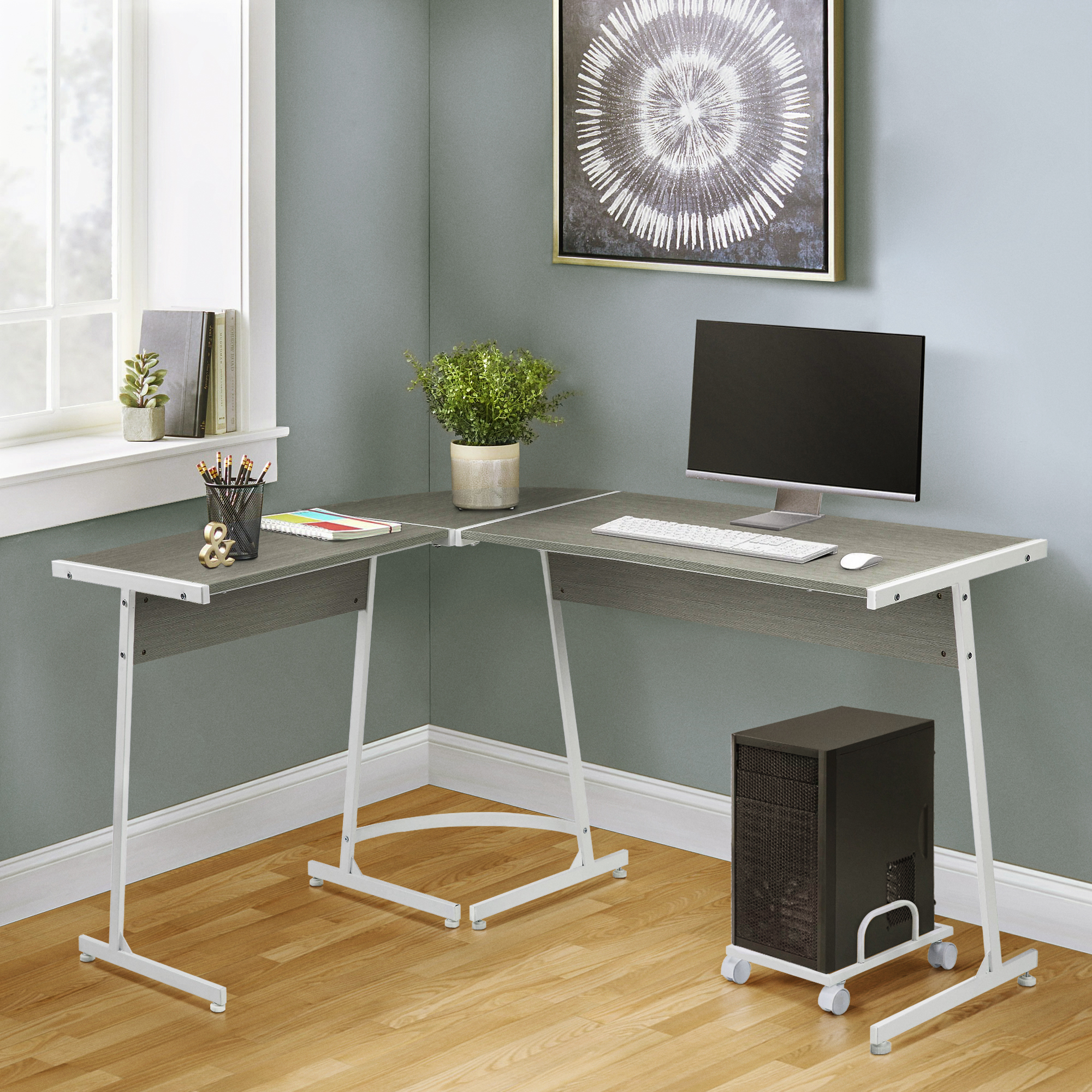 Grey and White L-shape Computer Desk