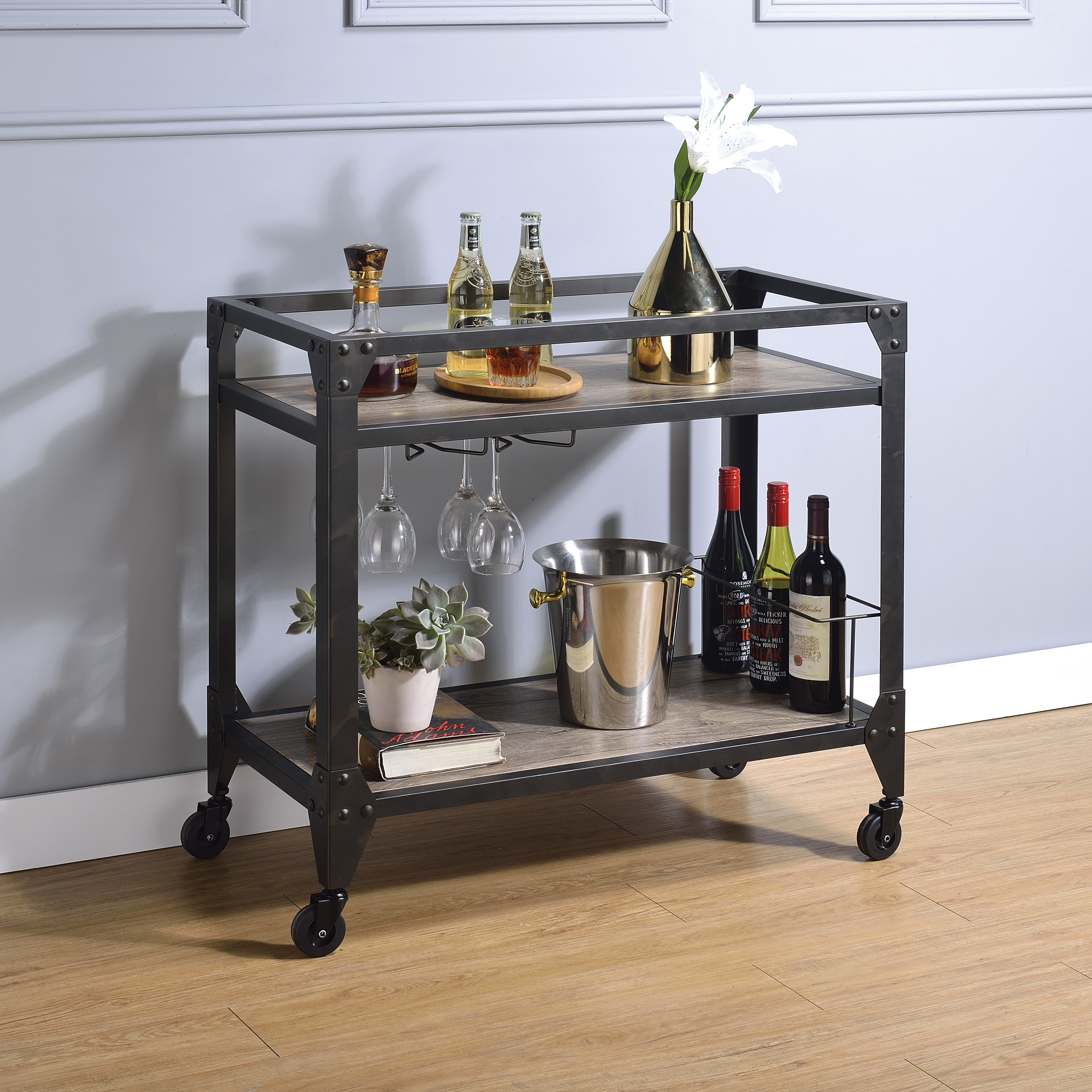 Rustic Oak and Charcoal 2-shelf Serving Cart