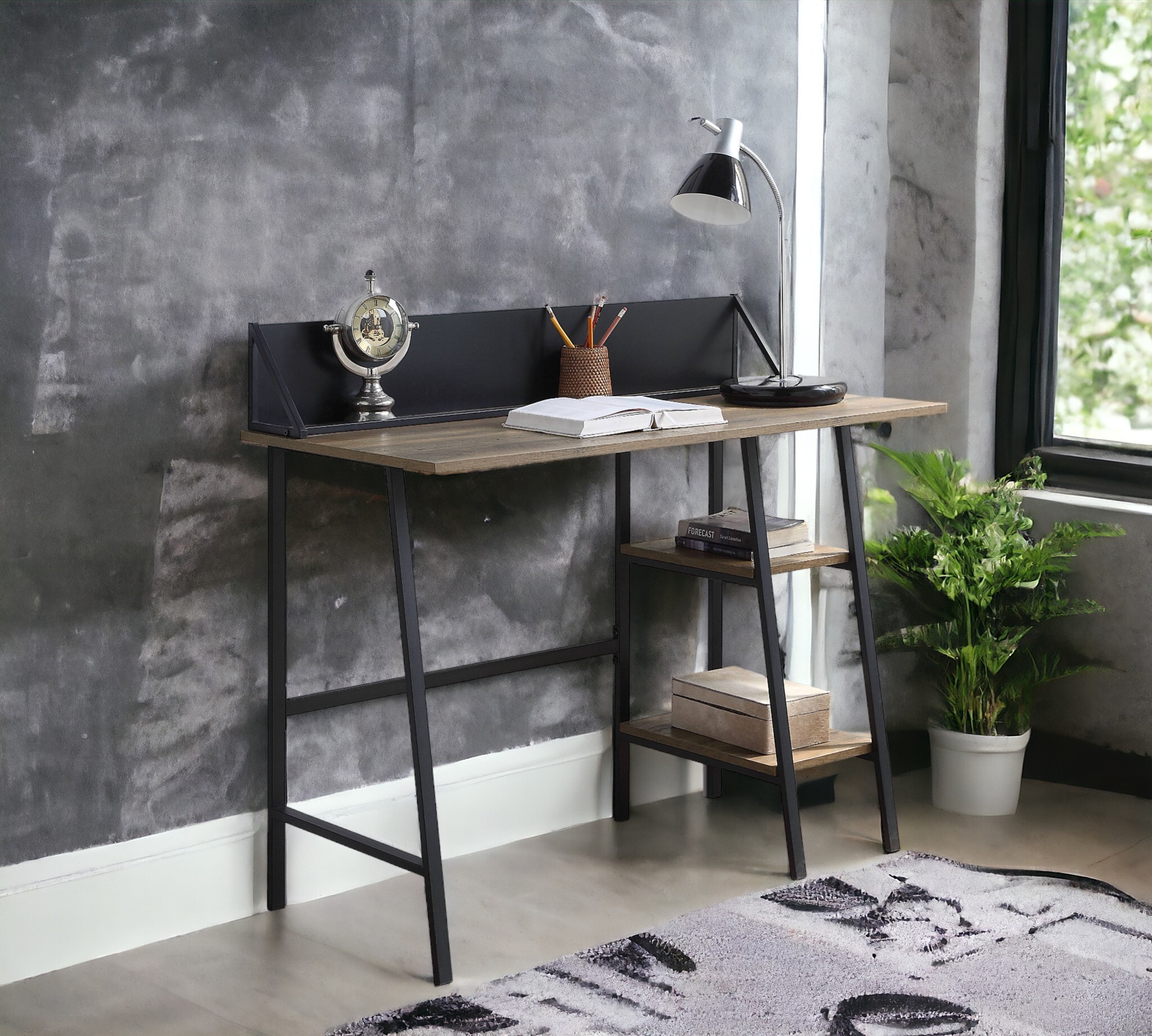 Rustic Oak and Black 2-Shelf Writing Desk with H-Shaped Base