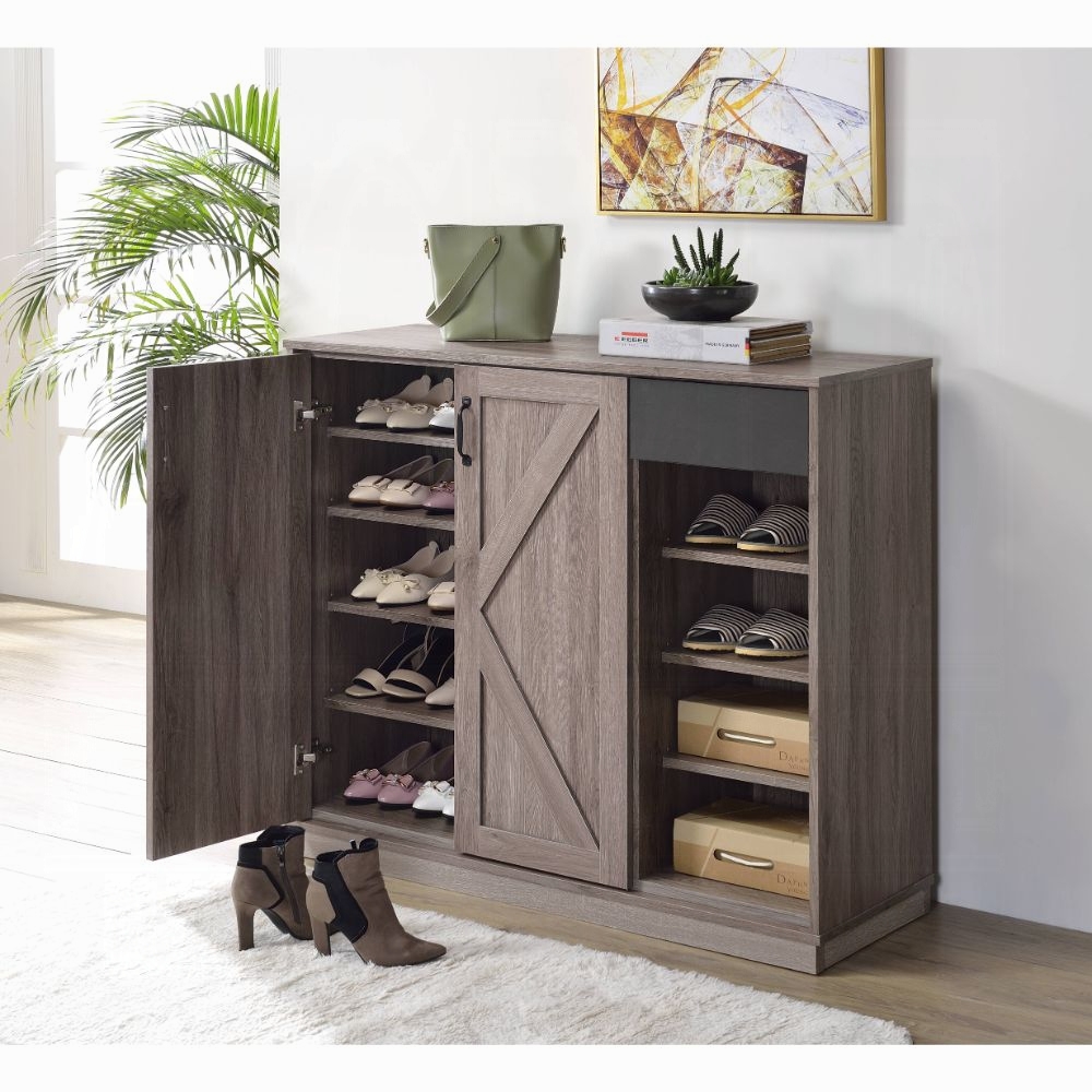 Rustic Grey Oak 4-Shelf Shoe Cabinet