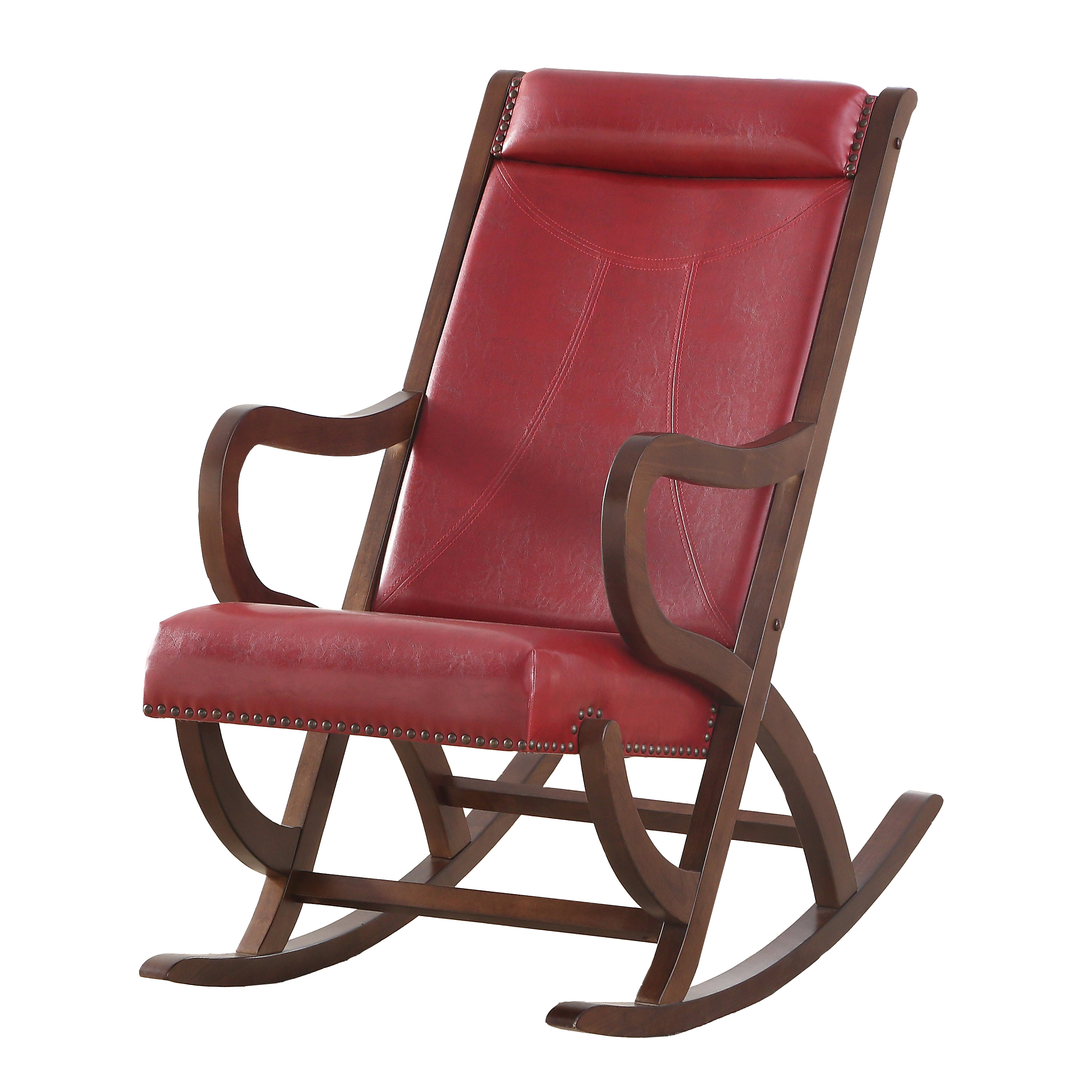 Burgundy and Walnut Rocking Chair with Nailhead Trim