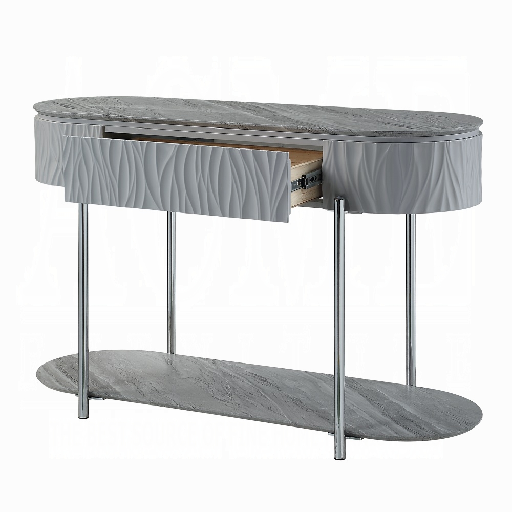 Grey High Gloss and Chrome Sofa Table with Bottom Shelf