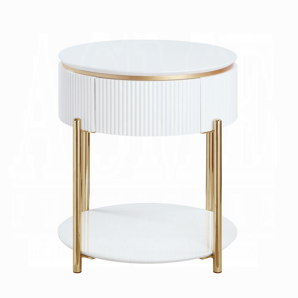 White High Gloss and Gold End Table with Metal Leg