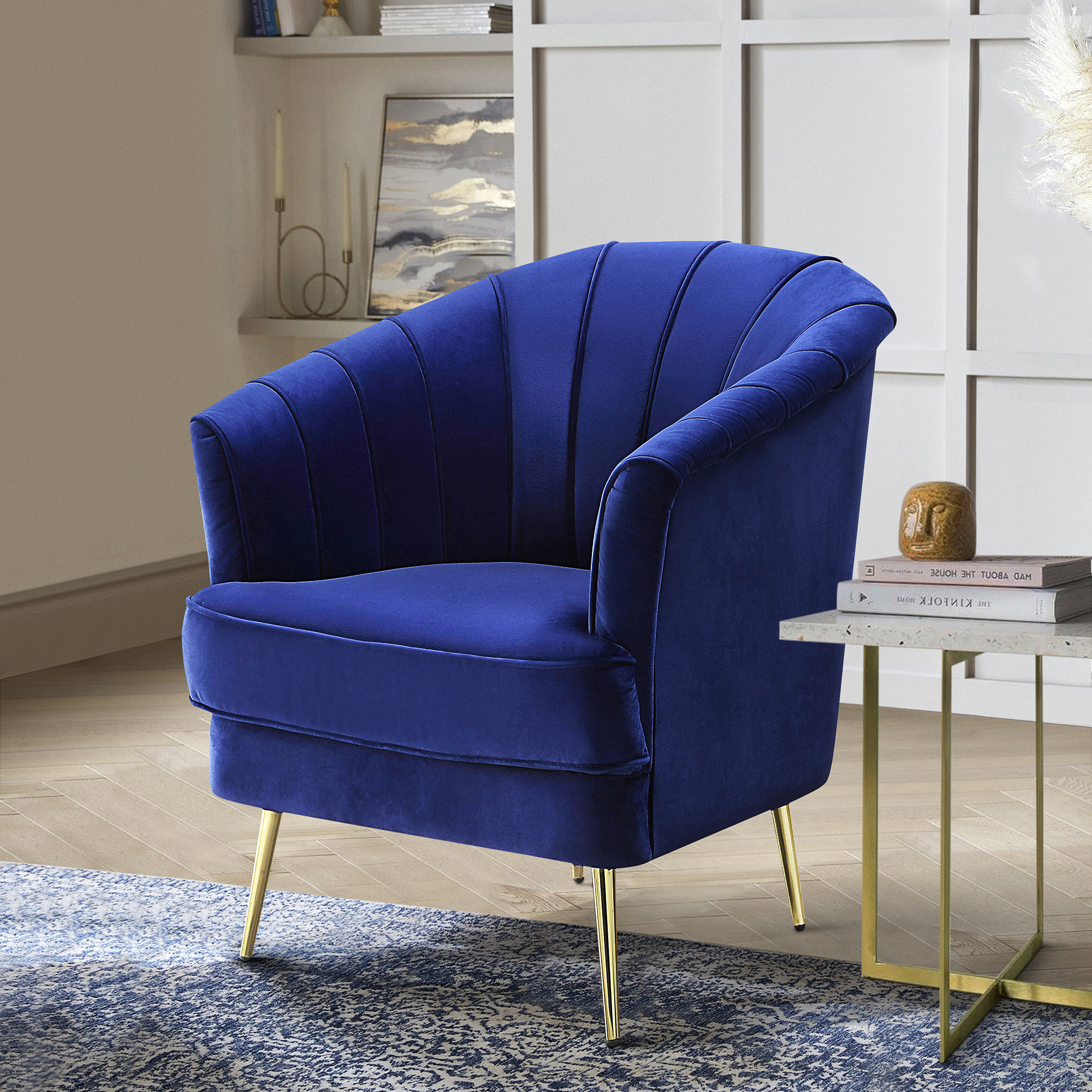 Blue and Gold Tufted Back Accent Chair